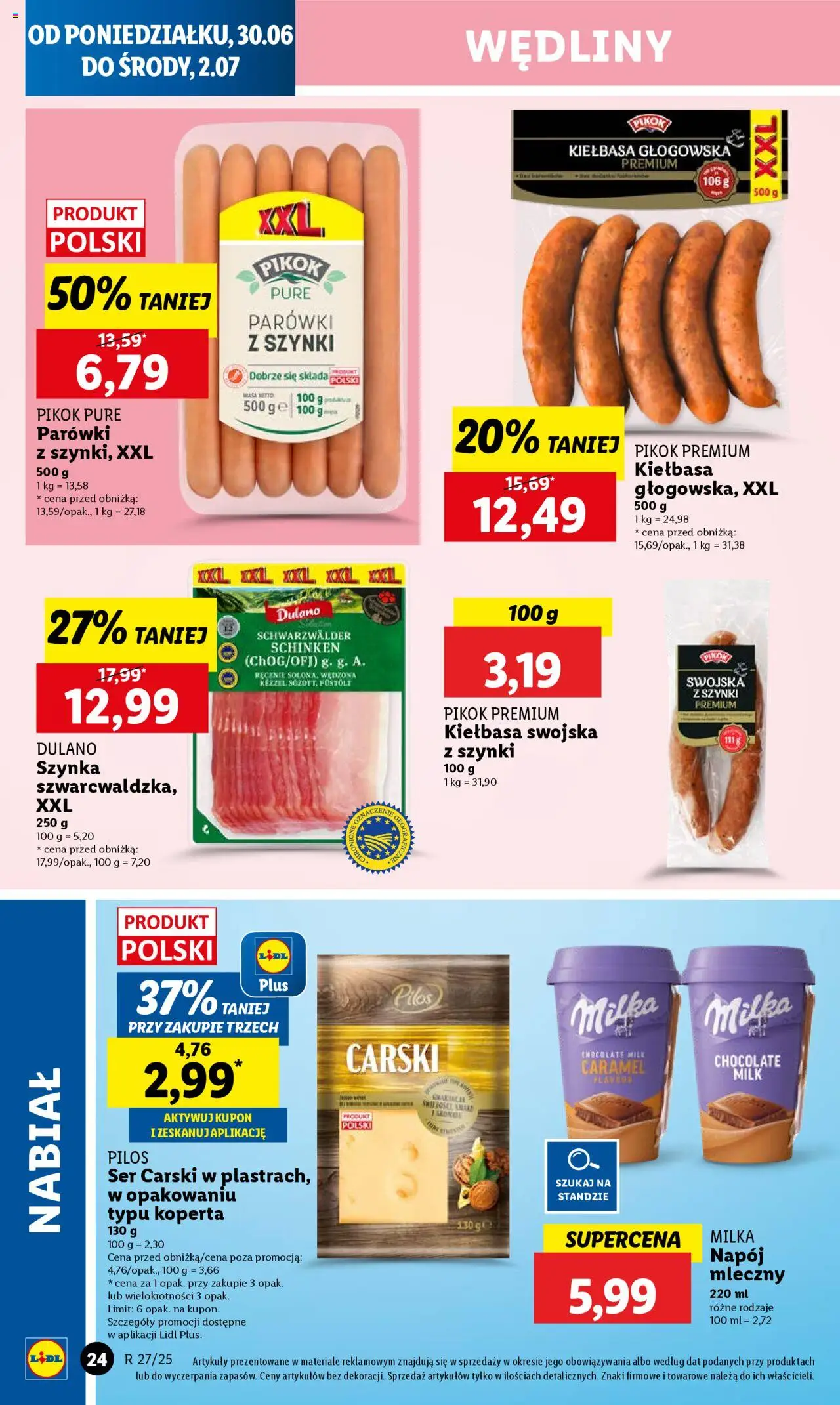 Lidl Gazetka od 30.06.2025 | Strona: 28 | Produkty: Kiełbasa, Parówki, Milka, Ser