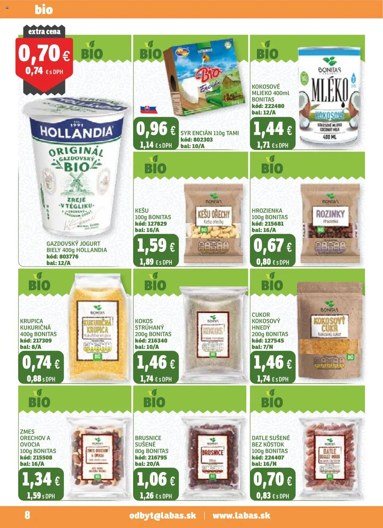 Nové Labaš akcie – leták je platný od 19.09.2025 | Strana: 8 | Produkty: Kokosové mlieko, Cukor, Encián, Kešu orechy