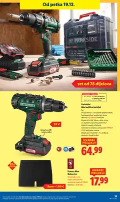 Parkside® Aku bušilica/odvijač, Set. Snažan motor s 2-brzinskim prijenosnikom, bezstupanjskom regulacijom broja okertaja i Quickstop funkcijom. Magnetski držač bitova s obje strane. 25 stupnjeva zakretnog momenta + dodatni stupanj za bušenje. Jednostavna izmjena alata putem SPINDLE LOCK aretiranju vretena. Uključujući 2 baterije 2 Ah, uređaj za punjenje i bogati pribor - Pregled kataloga iz trgovine Lidl, vrijedi od 18.12.2025 | Stranica: 35