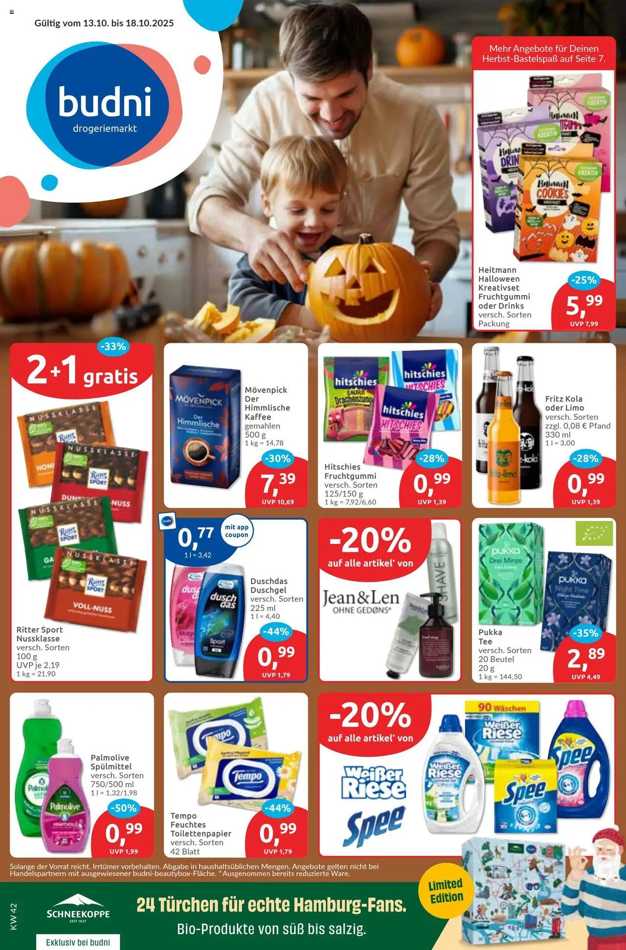 Budni Prospekt 	 – gültig ab 13.10.2025 | Seite: 1 | Produkte: Kaffee, Ritter sport, Duschdas, Tempo