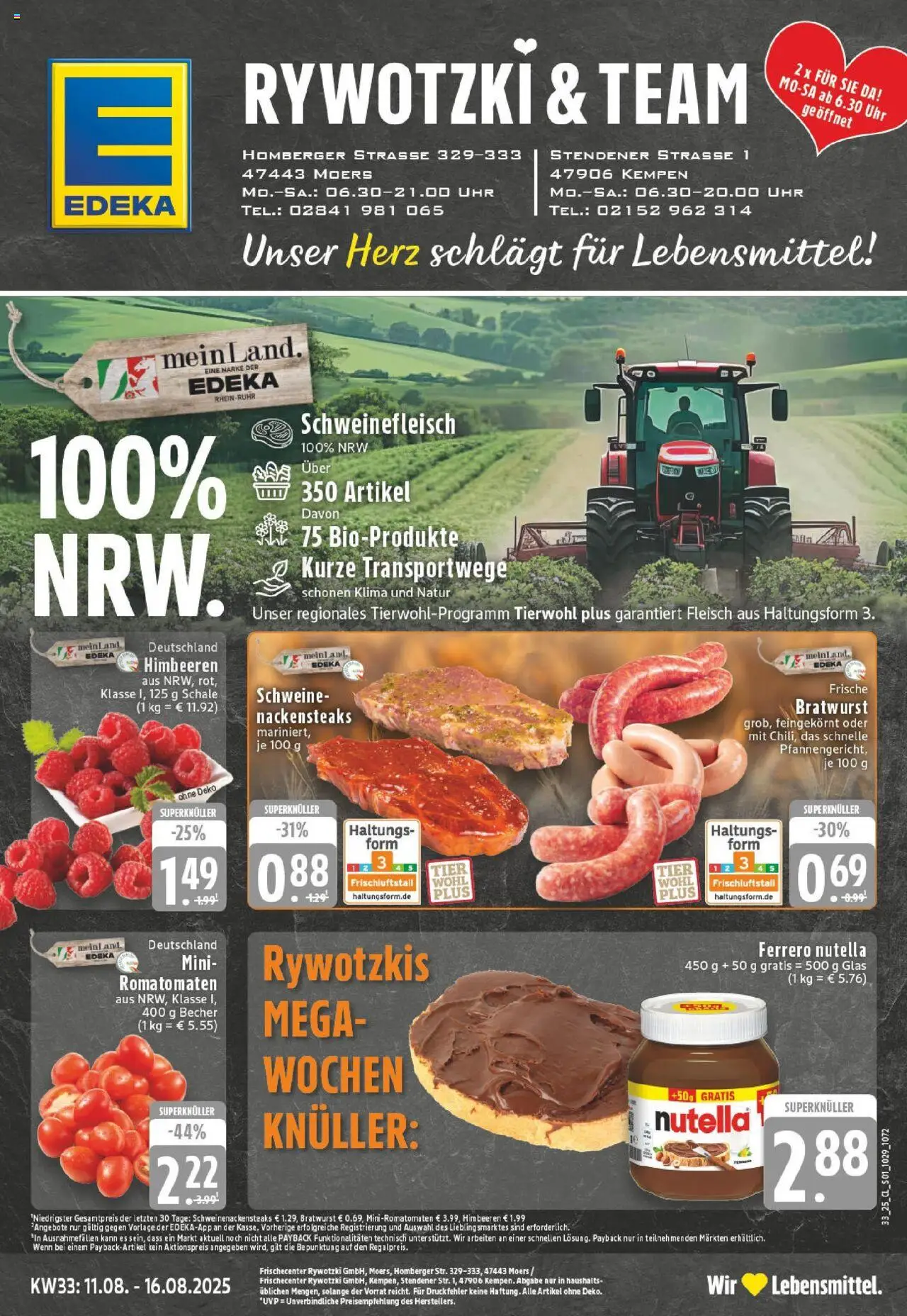Edeka prospekt Kempen	 - gültig ab dem 11.08.2025 | Seite: 1 | Produkte: Nackensteaks, Bratwurst, Nutella, Schweinefleisch