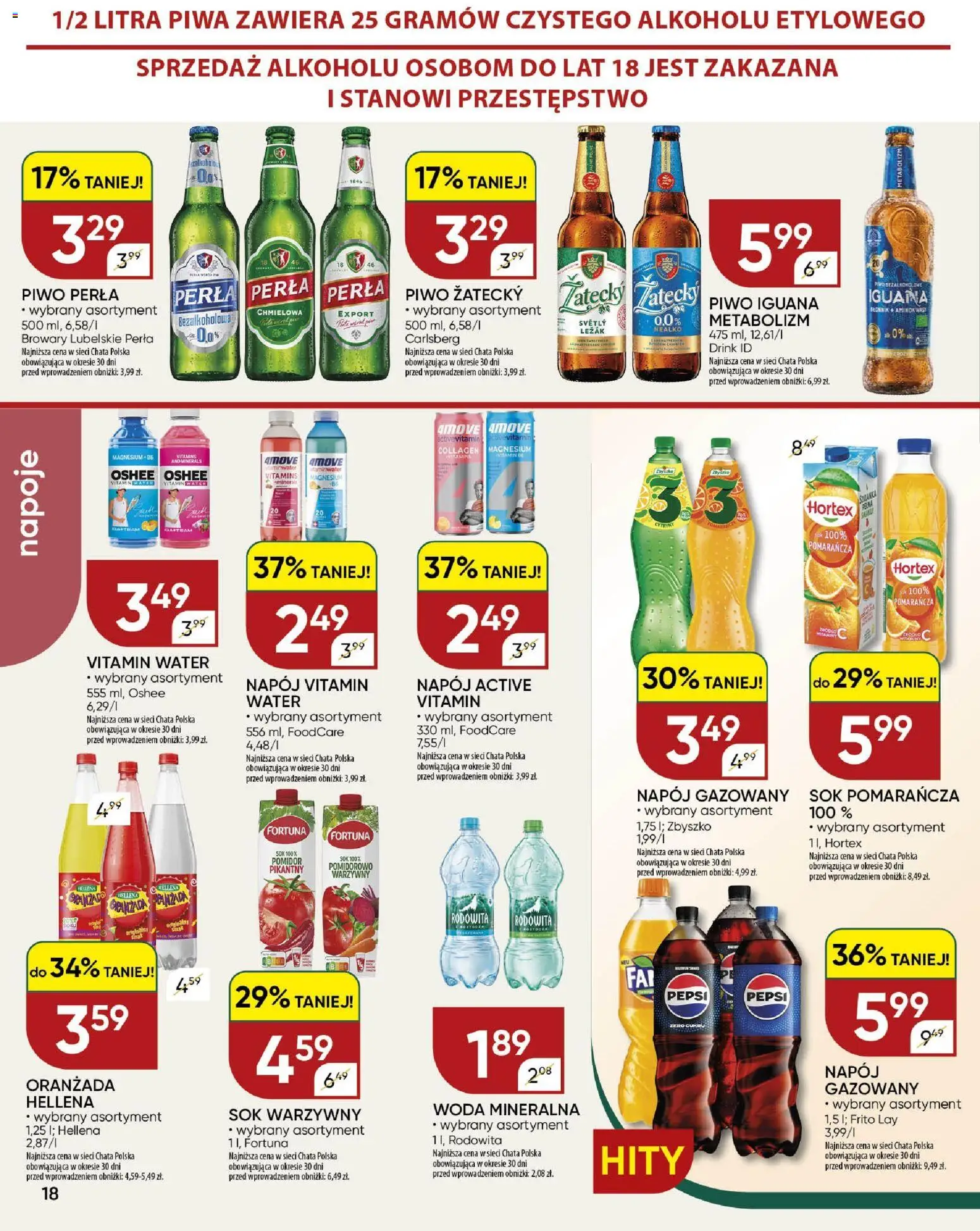 Chata Polska gazetka od 26.03.2026 | Strona: 18 | Produkty: Piwo perła, Piwo, Woda, Sok warzywny