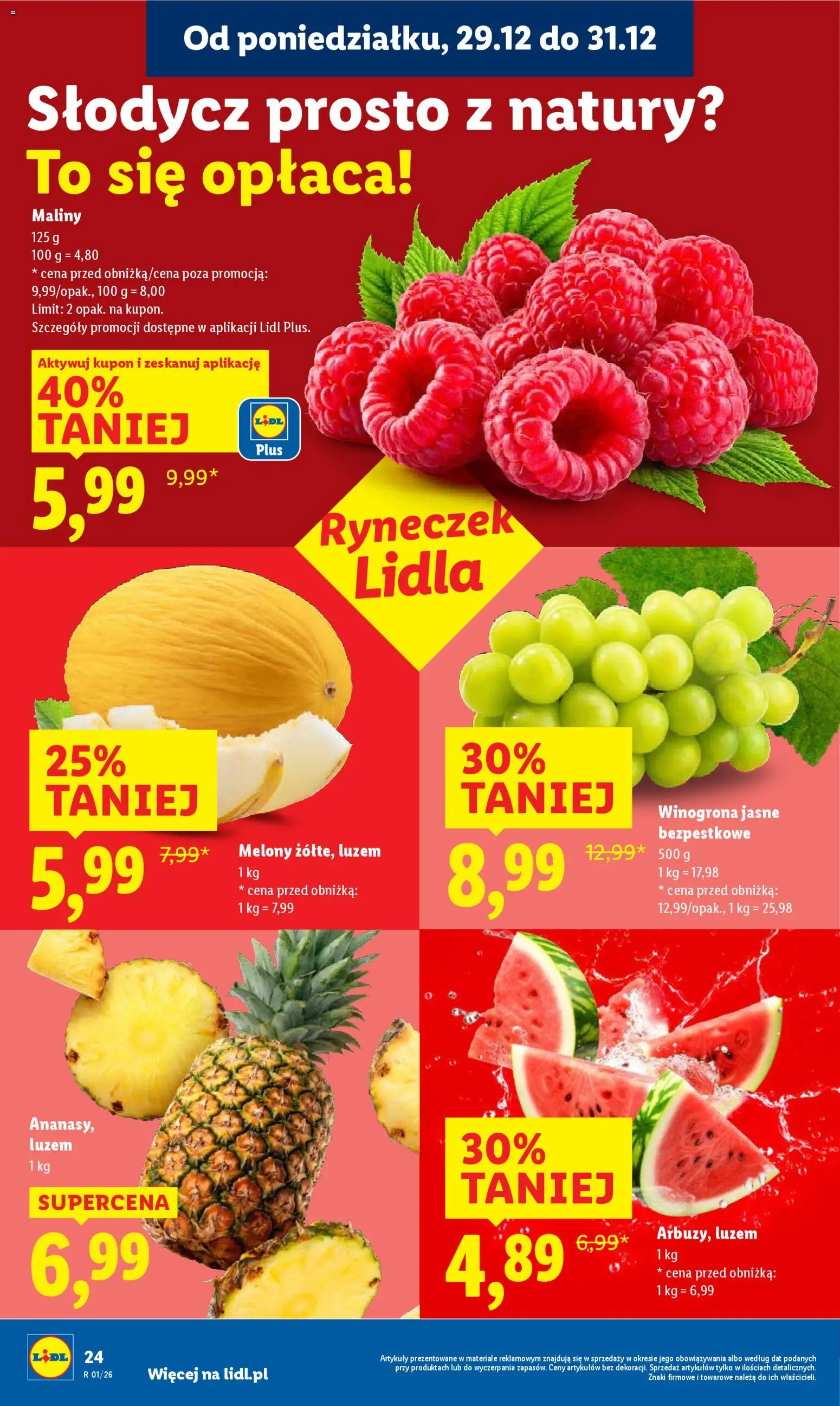 Lidl Gazetka od 29.12.2025 | Strona: 24 | Produkty: Winogrona, Melon, Maliny