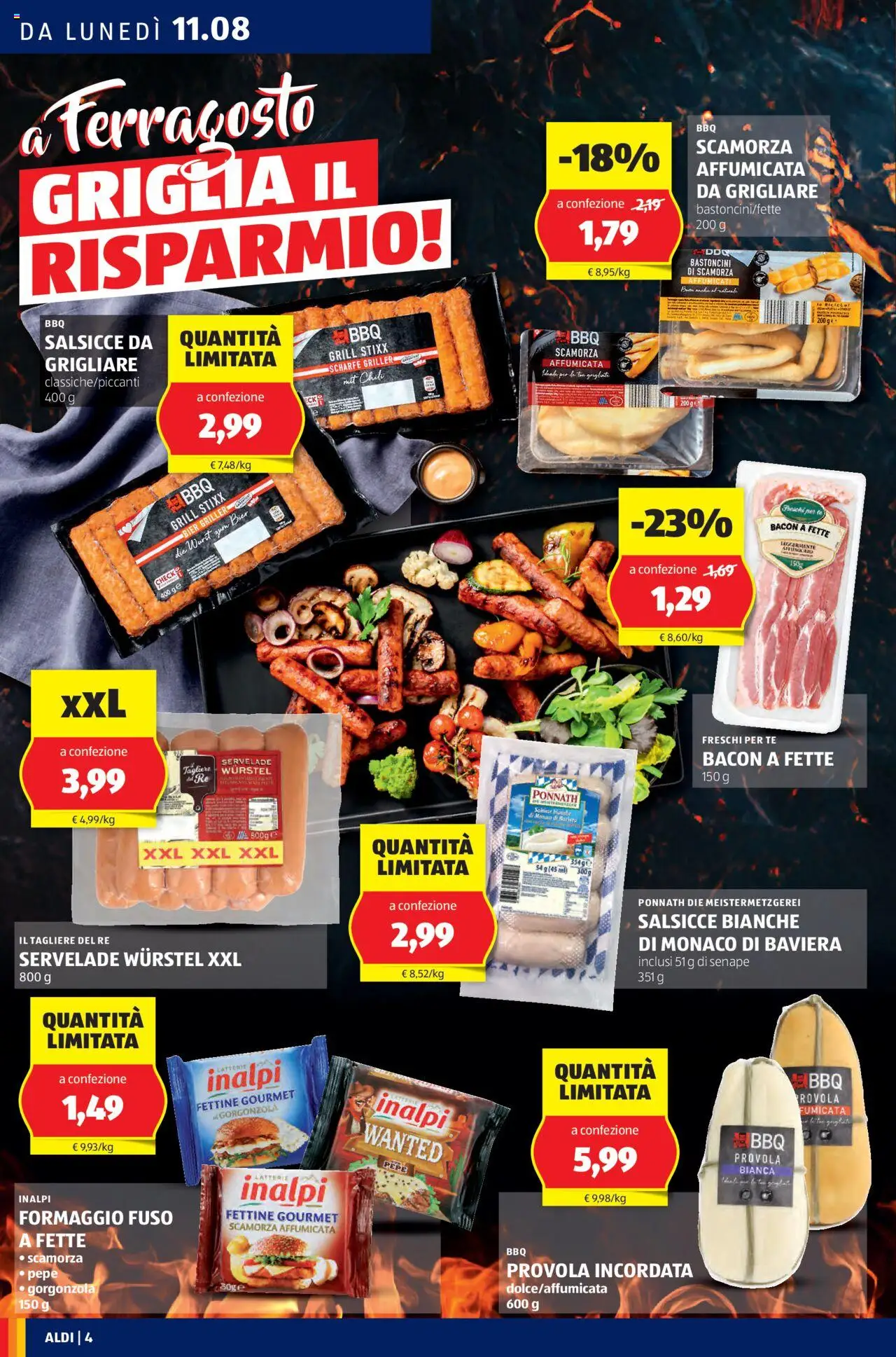 Volantino Aldi del 11.08.2025 | Pagina: 4 | Prodotti: Wurstel, Provola, Tagliere, Griglia