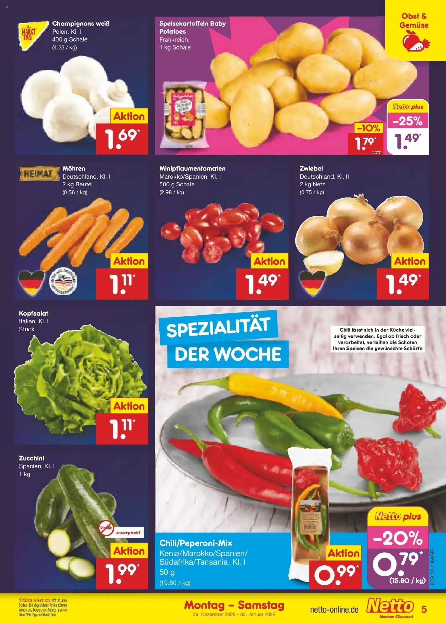 Netto Marken-Discount prospekt Bonn	 – gültig ab 28.12.2025 | Seite: 5 | Produkte: Küche, Mohren, Champignons, Gemüse