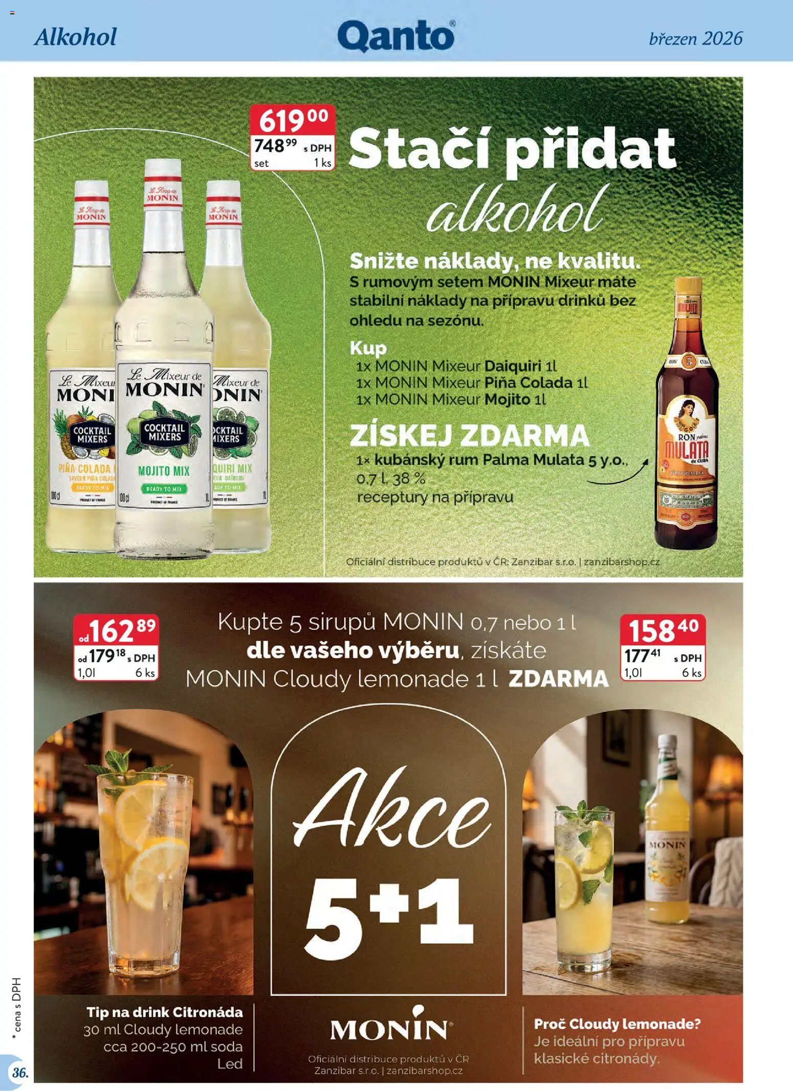 Astur & Qanto leták - Velkoobchod 03/2026 od 01.03.2026 | Strana: 36 | Produkty: Monin, Piña colada, Mojito, Kubánský rum
