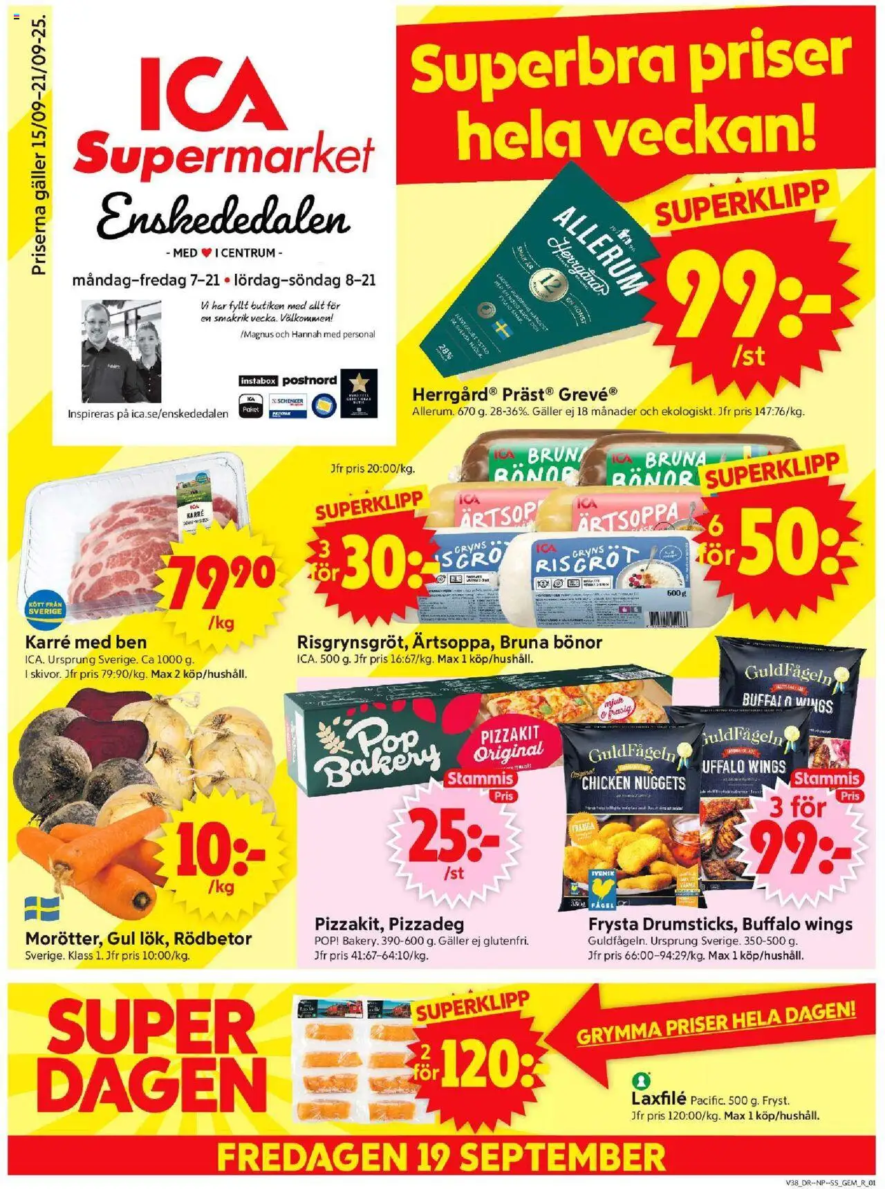 ICA Supermarket reklamblad aktuell från 15.09.2025 | Sida: 1 | Produkter: Galler, Pizzakit, Bönor