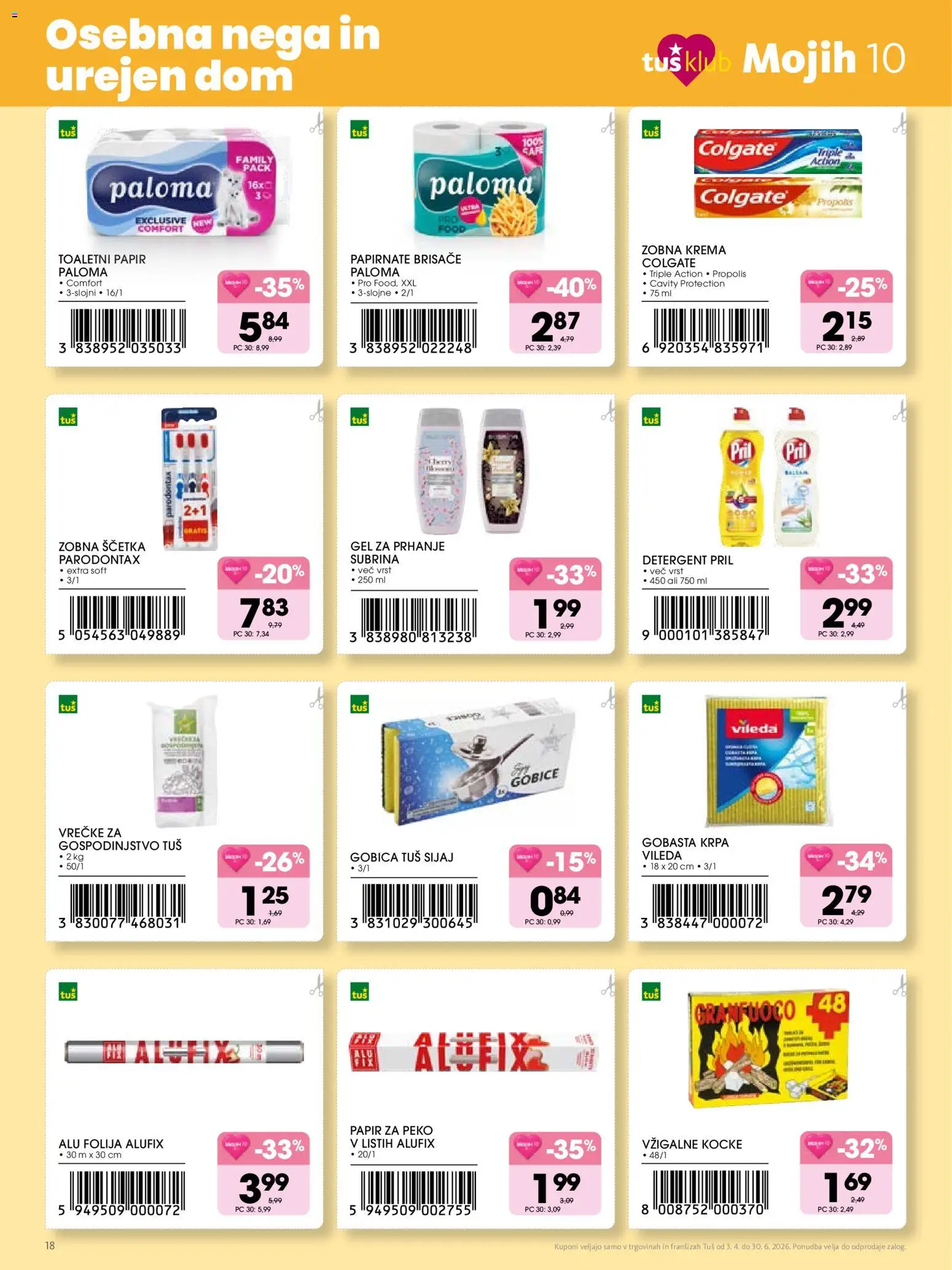 Novi Tuš katalog ponudbe – veljaven od 03.04.2026 | Stran: 18 | Izdelki: Gel za prhanje, Toaletni papir, Gobica, Zobna scetka