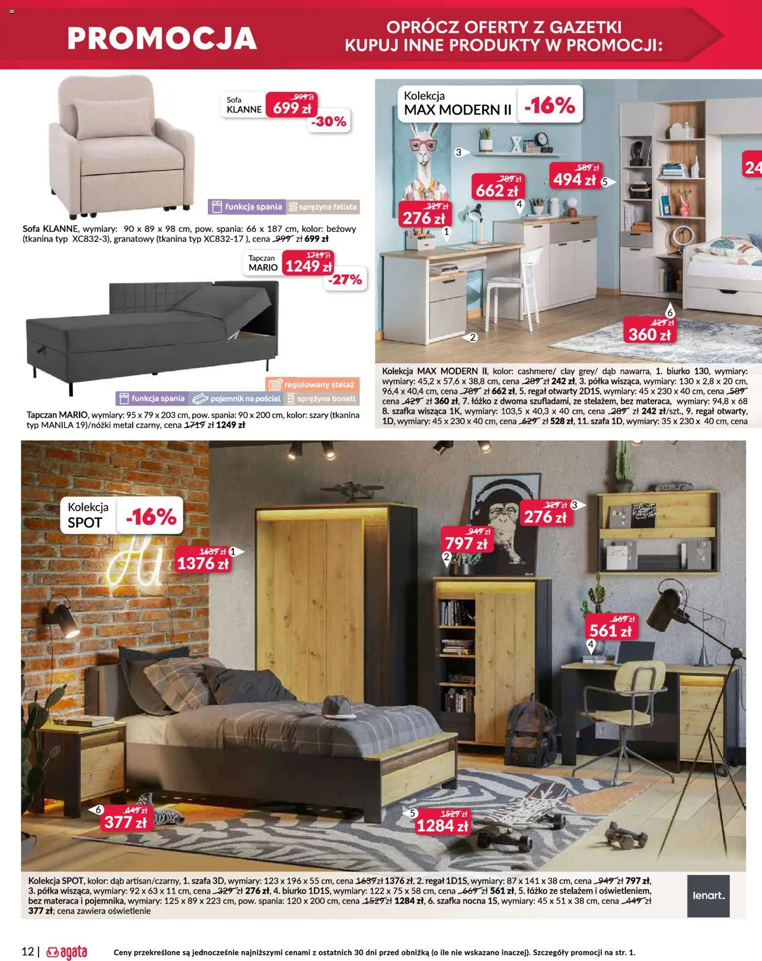 Salony Agata Gazetka - Otwarcie sklepu w Mysiadle od 26.02.2026 | Strona: 12 | Produkty: Łóżko, Biurko, Regał, Szafka nocna