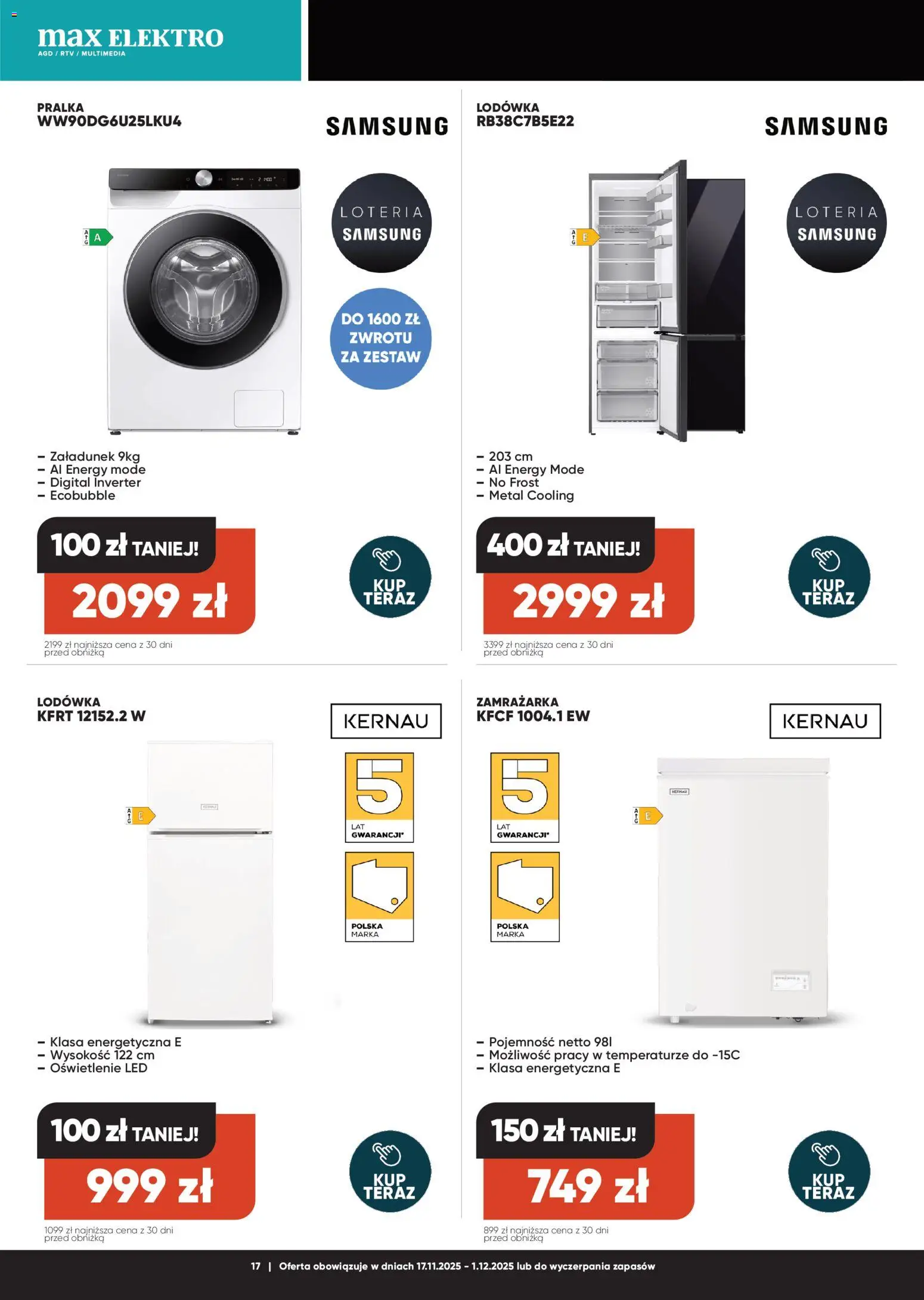Max elektro Black Friday od 17.11.2025 | Strona: 17 | Produkty: Lodówka, Zamrażarka, Pralka