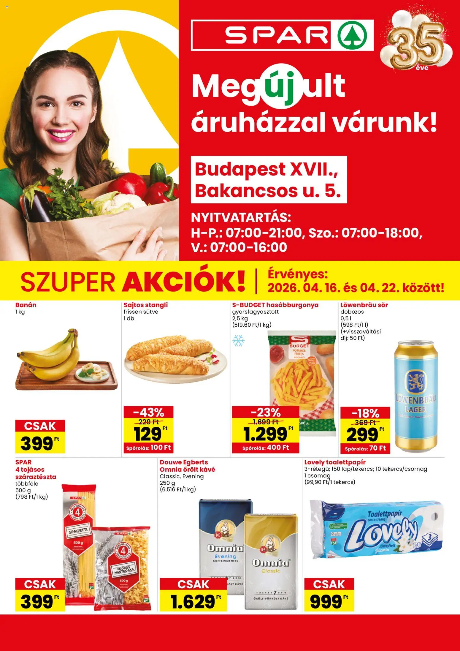 Spar akciós ujság - amely érvényes a következő dátumtól: 16.04.2026 | Oldal: 1 | Termékek: Spagetti, Hasábburgonya, Száraztészta, Feferoni