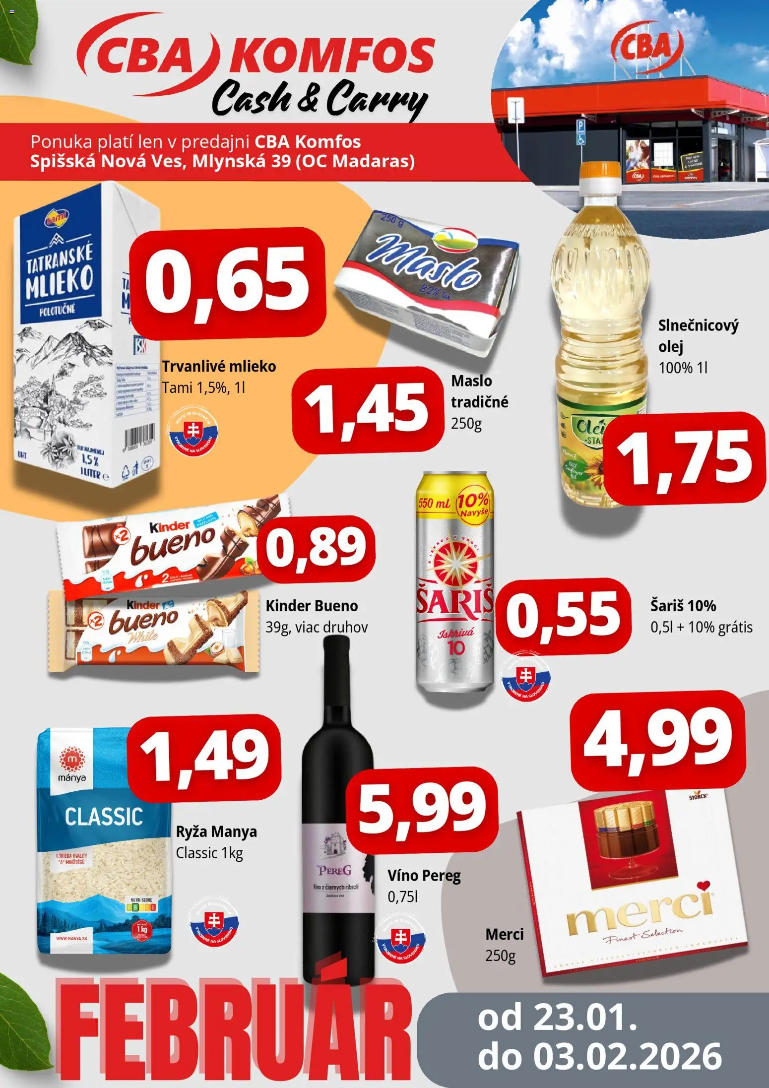 Nové CBA Komfos akcie – leták je platný od 23.01.2026 | Strana: 1 | Produkty: Mlieko, Olej, Ryža, Merci