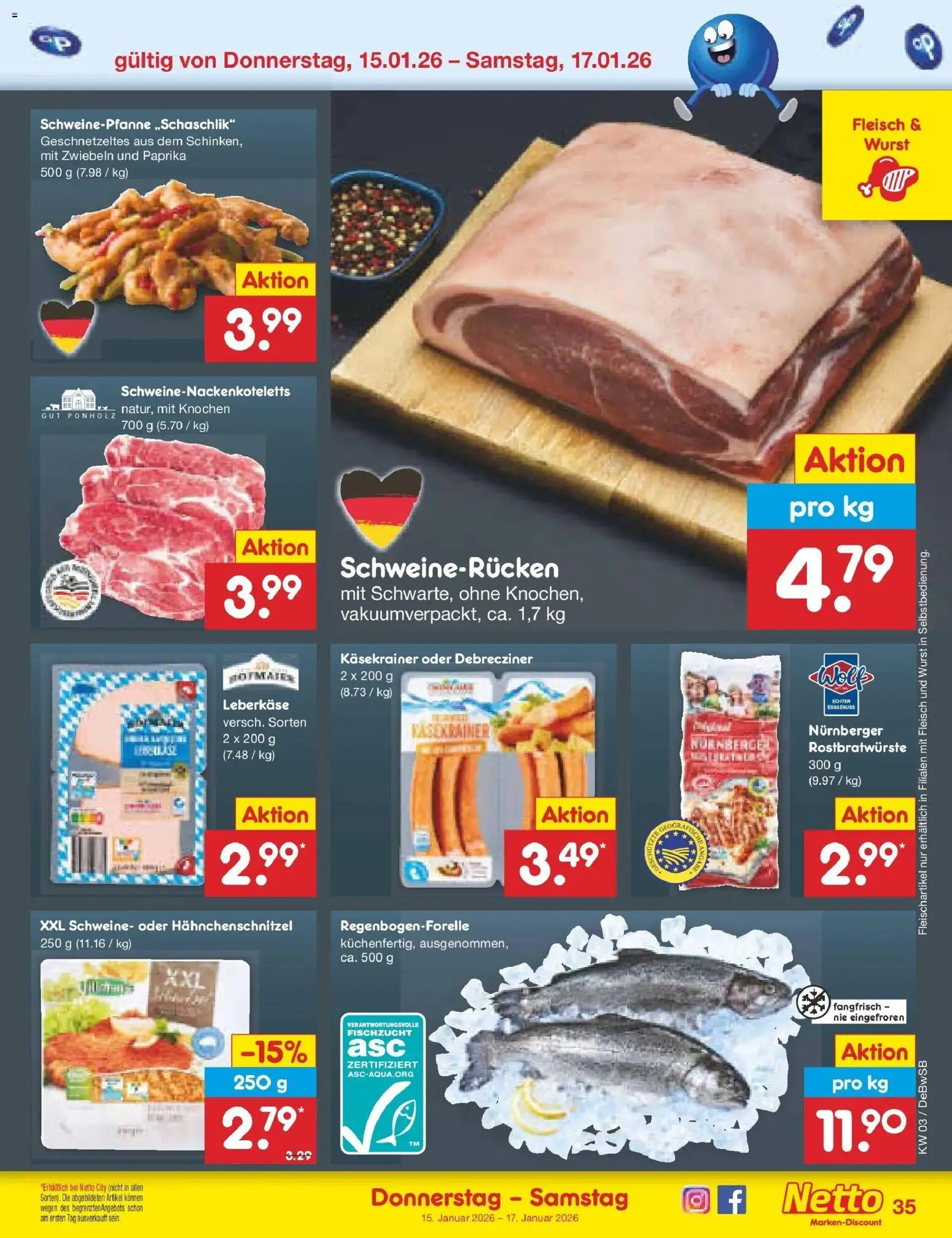 Netto Marken-Discount prospekt Waiblingen-Bittenfeld	 – gültig ab 12.01.2026 | Seite: 45 | Produkte: Käsekrainer, Paprika, Schweinerucken, Leberkase