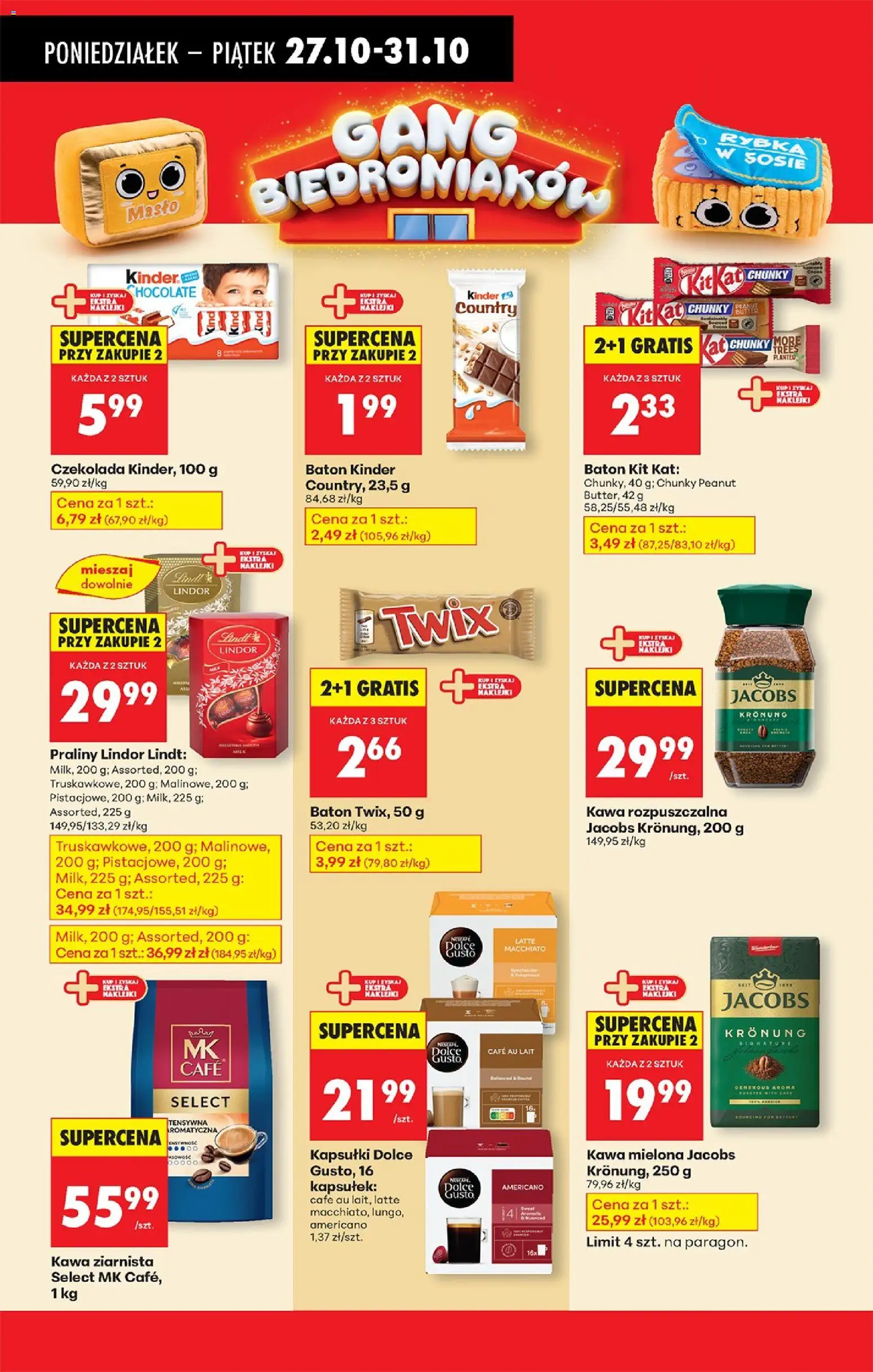 Biedronka gazetka od 27.10.2025 | Strona: 40 | Produkty: Praliny, Kawa rozpuszczalna, Kawa rozpuszczalna Jacobs Kronung, Dolce Gusto