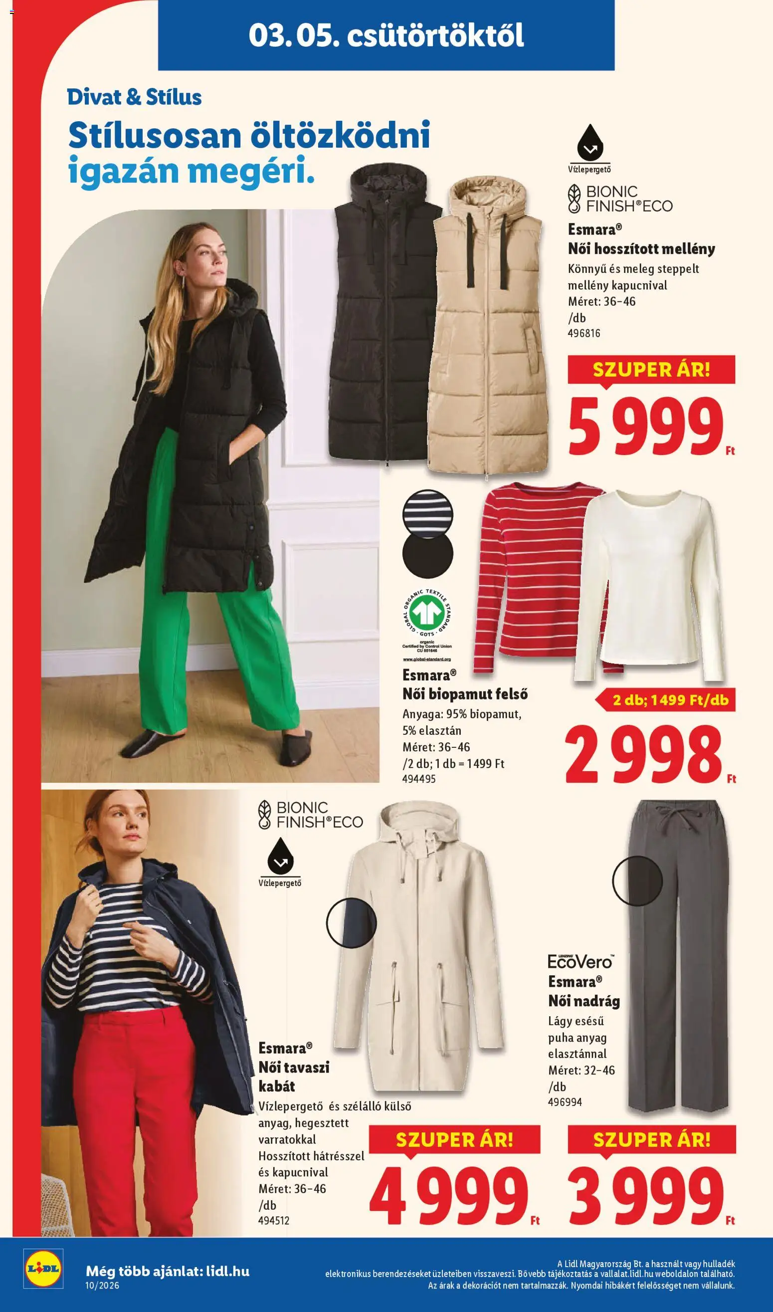 Lidl akciós ujság - amely érvényes a következő dátumtól: 05.03.2026 | Oldal: 10 | Termékek: Női nadrág, Mellény, Kabát, Nadrág