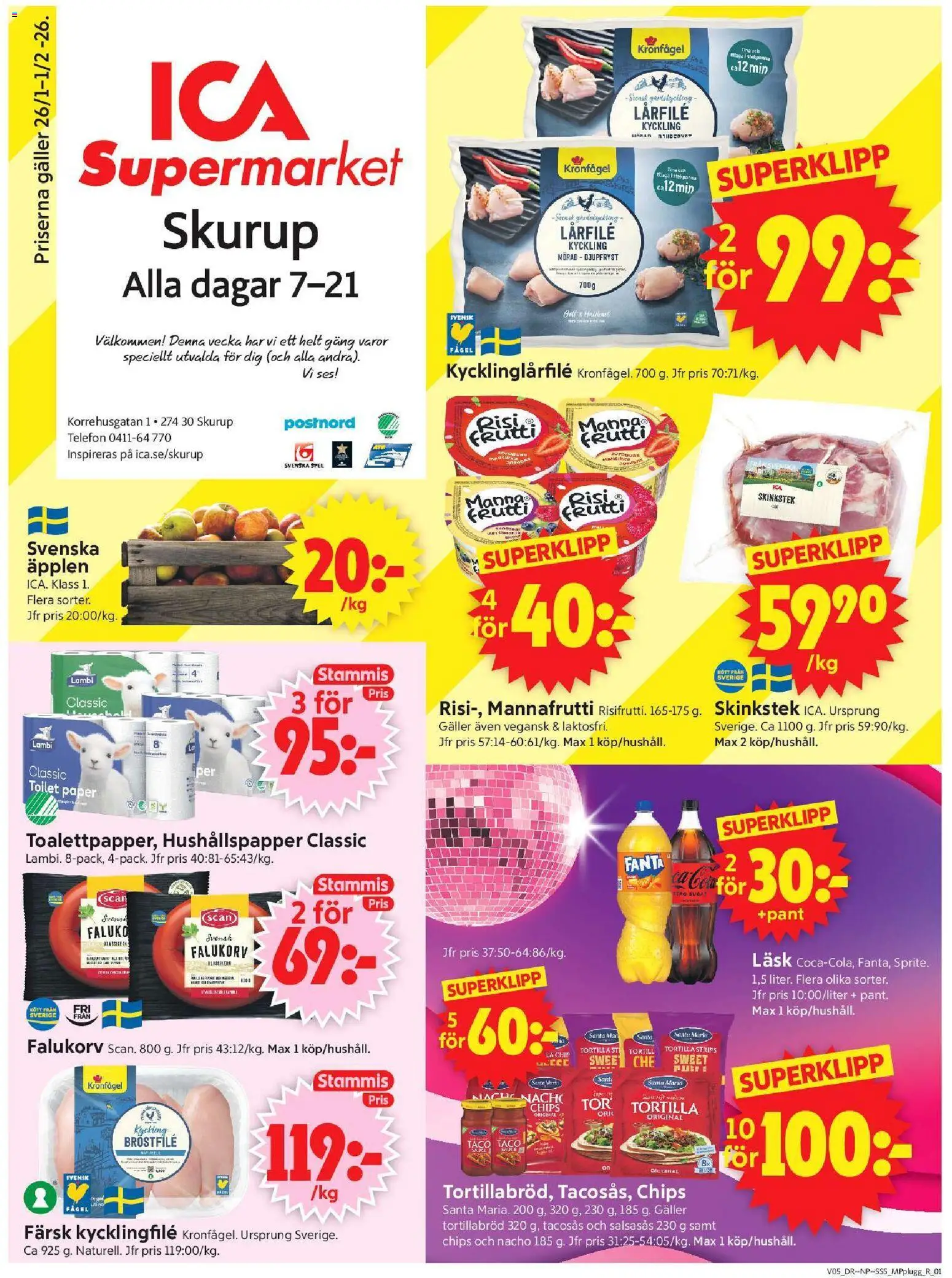 ICA Supermarket reklamblad aktuell från 26.01.2026 | Sida: 1 | Produkter: Tortilla, Hushållspapper, Kycklingfile, Falukorv