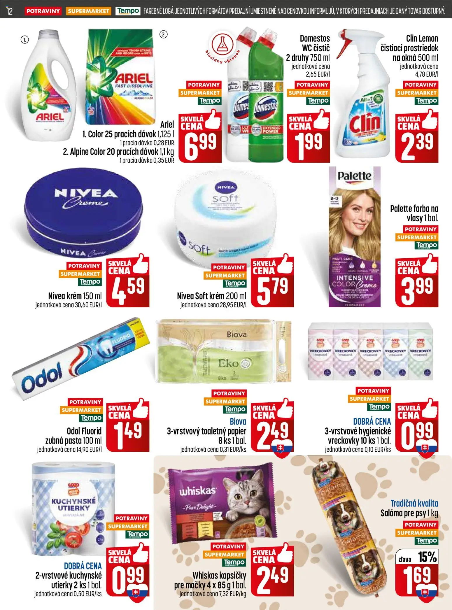 Nové COOP Jednota akcie – leták je platný od 09.04.2026 | Strana: 12 | Produkty: Saláma, Nivea, Wc, Zubná pasta