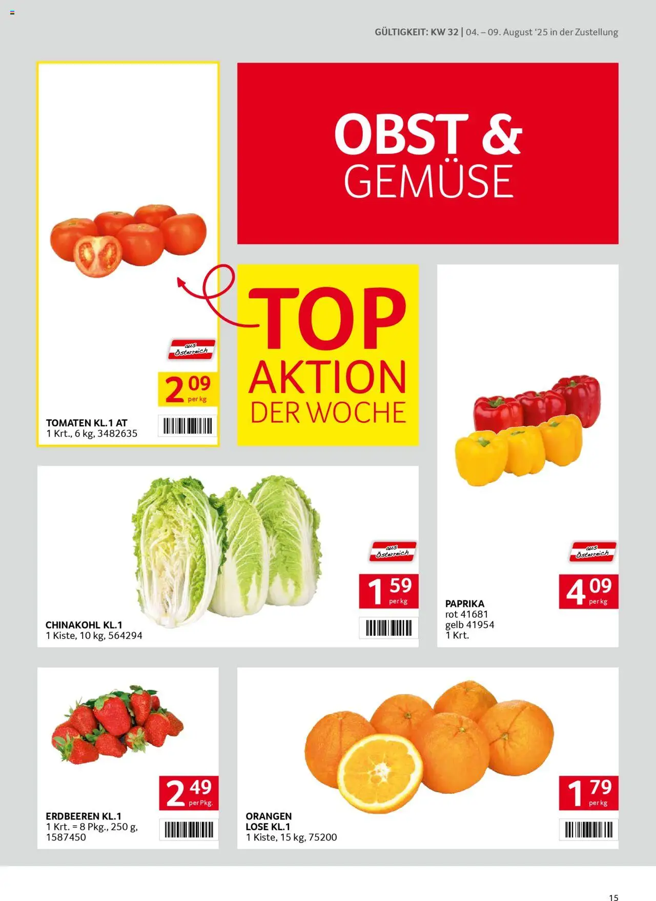 Transgourmet Zustellaktion gültig ab 03.08.2025 | Seite: 15 | Produkte: Erdbeeren, Gemüse, Obst, Orangen