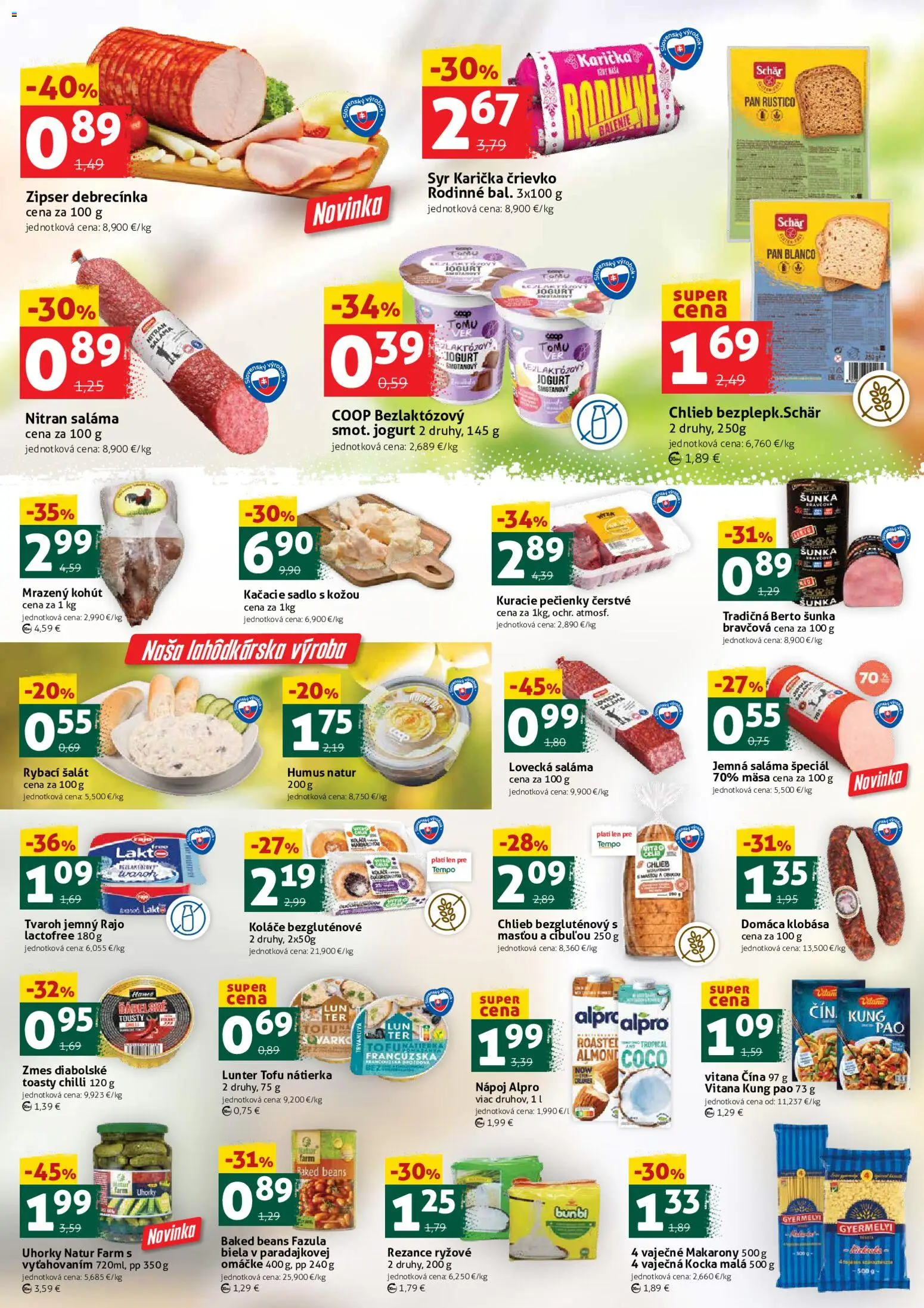 Nové COOP Jednota akcie – leták je platný od 13.03.2026 | Strana: 2 | Produkty: Chlieb, Klobása, Tofu, Uhorky