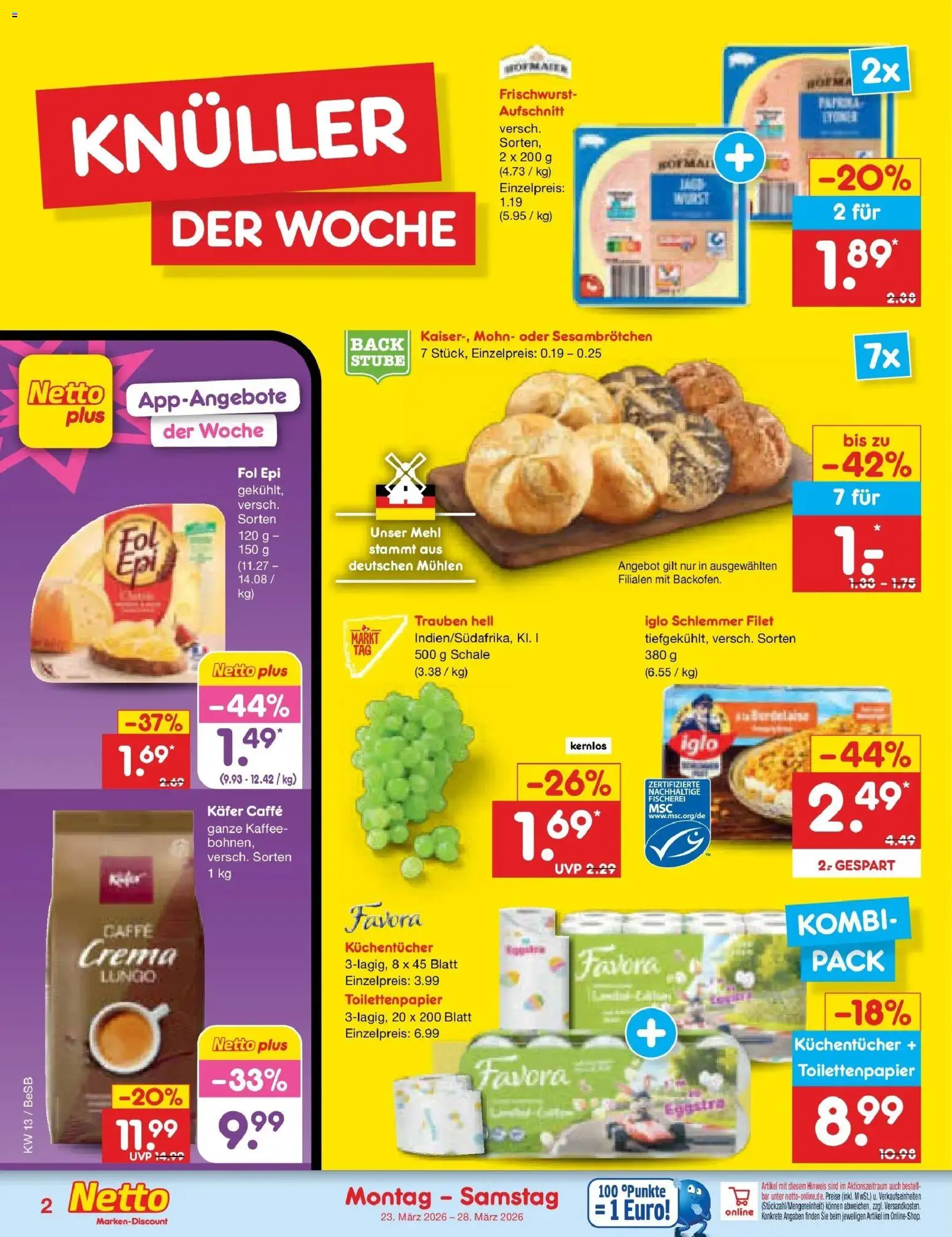 Netto Marken-Discount Prospekt Kremmen	 – gültig ab 23.03.2026 | Seite: 2 | Produkte: Mehl, Trauben, Iglo, Toilettenpapier