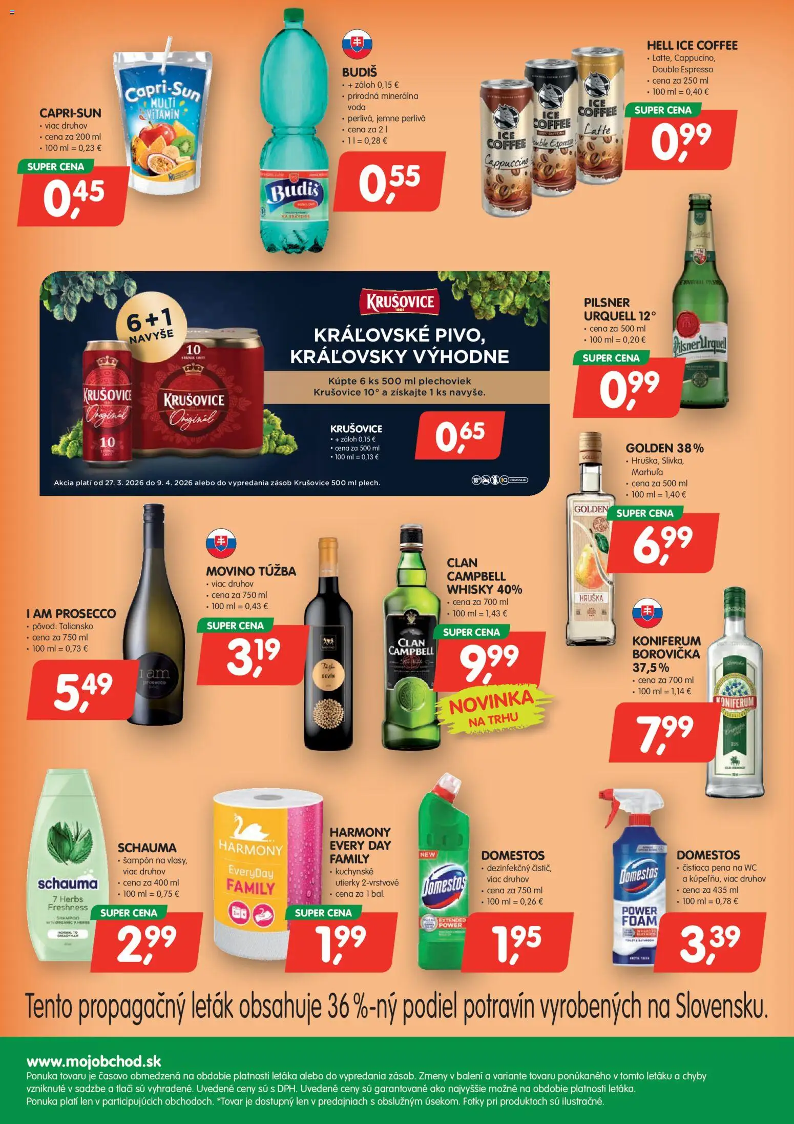 Nové Môj obchod akcie – leták je platný od 27.03.2026 | Strana: 4 | Produkty: Prosecco, Budiš, Krušovice, Voda