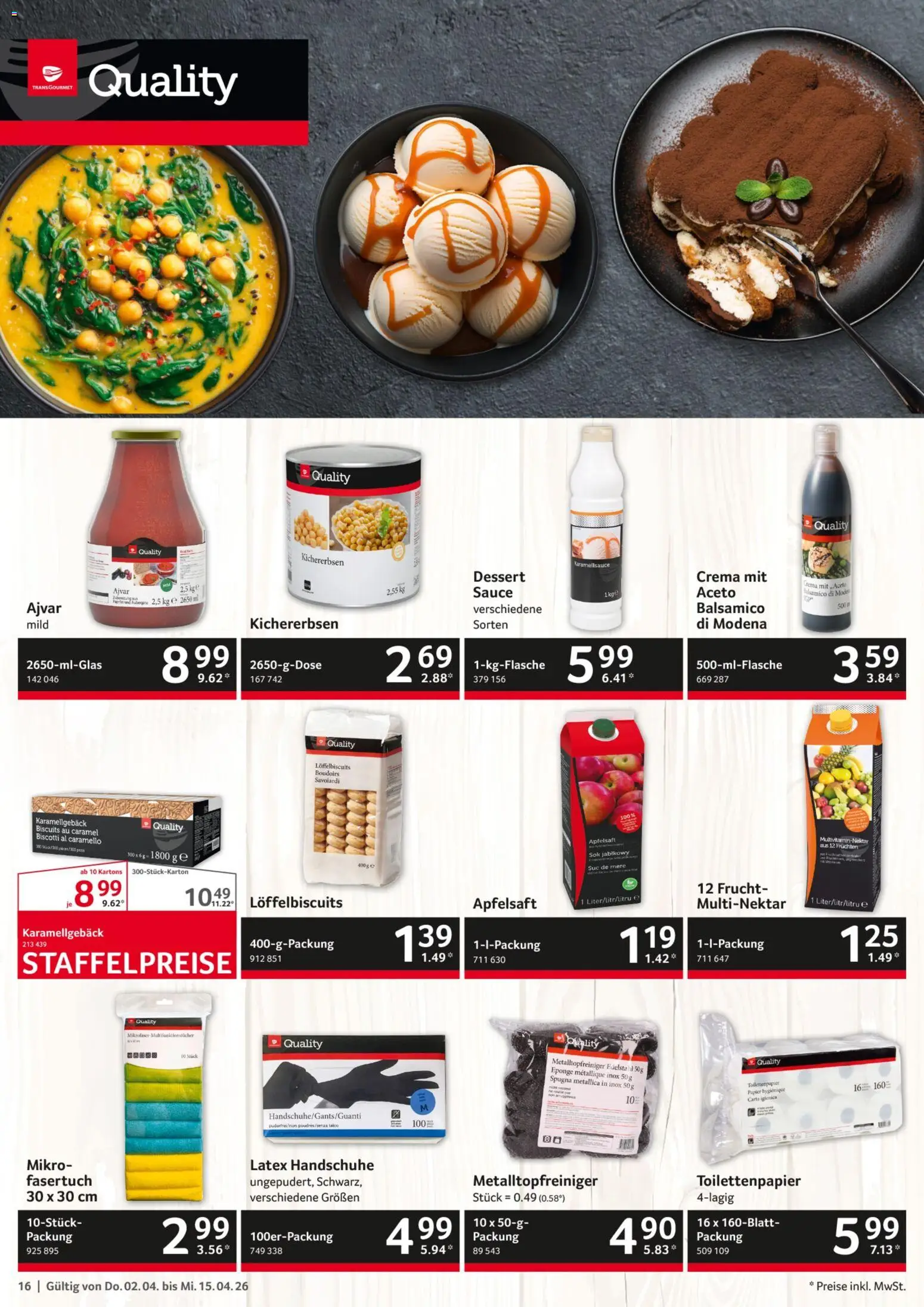 Selgros Gastronomie – gültig ab 02.04.2026 | Seite: 16 | Produkte: Balsamico, Apfelsaft, Handschuhe, Toilettenpapier