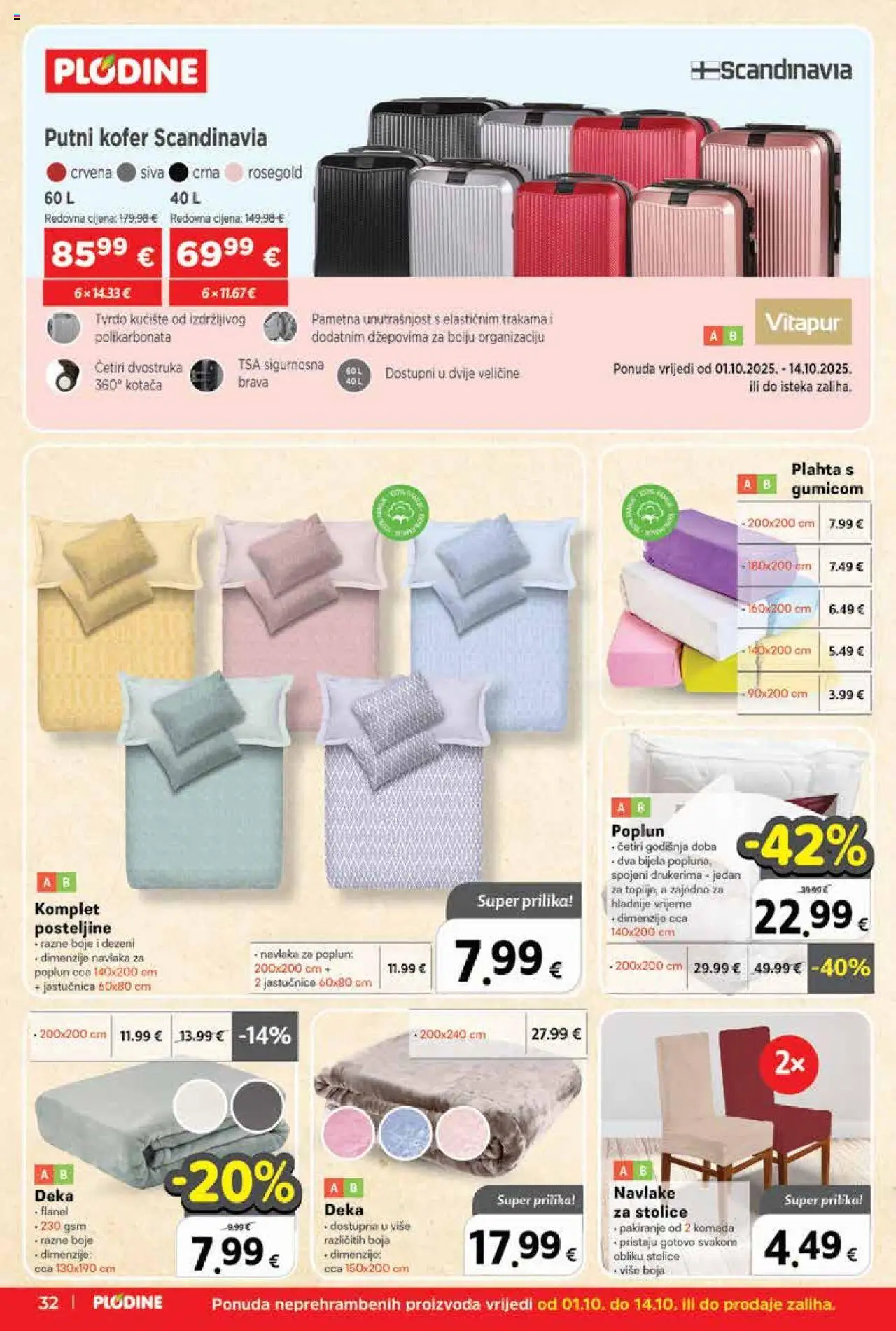 Plodine katalog | vrijedi od 01.10.2025 | Stranica: 32 | Proizvodi: Jastučnica, Plahta, Kofer, Deka