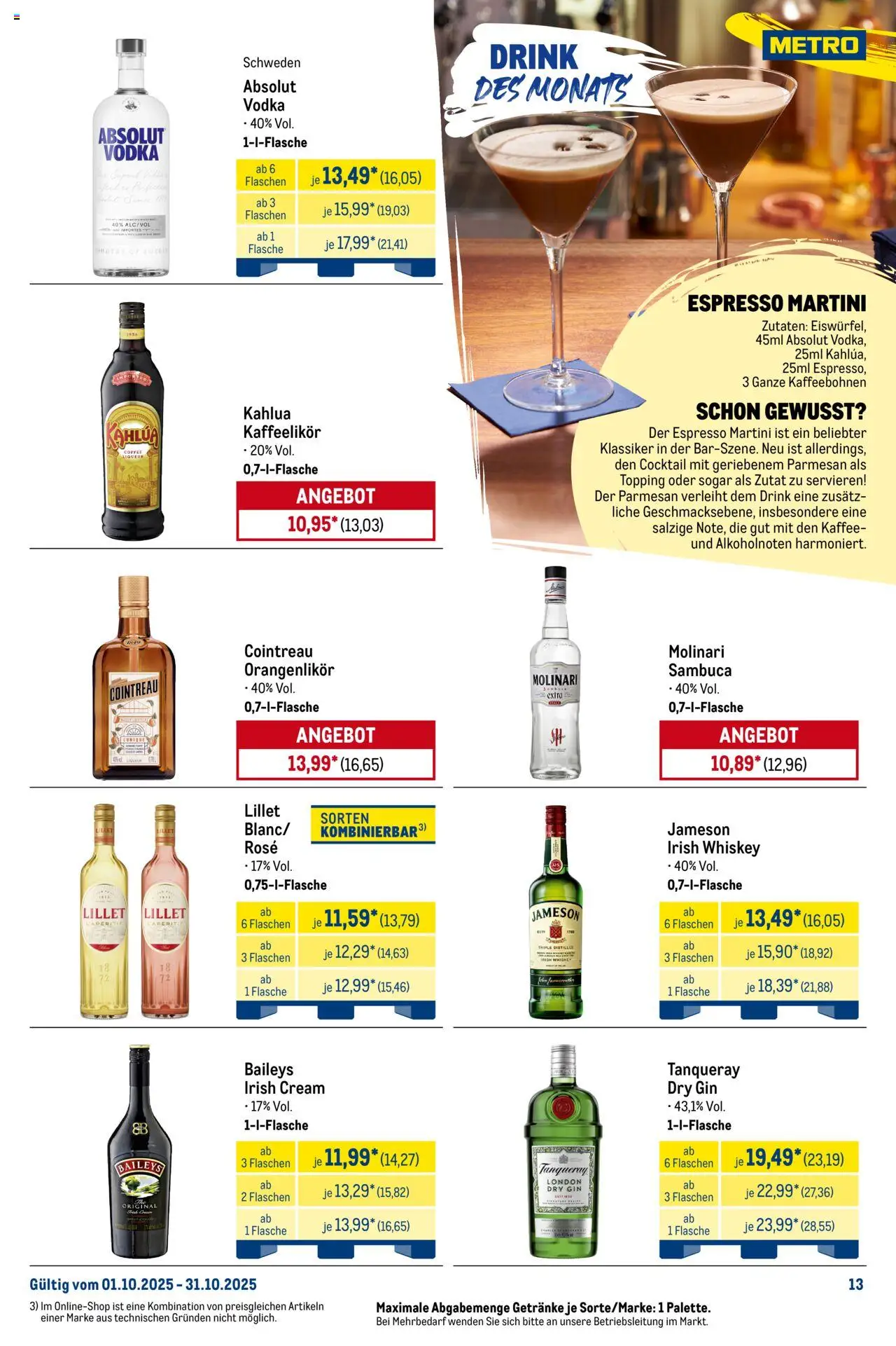 Metro Monats-Menü – gültig ab 01.10.2025 | Seite: 13 | Produkte: Sambuca, Jameson, Lillet, Vodka