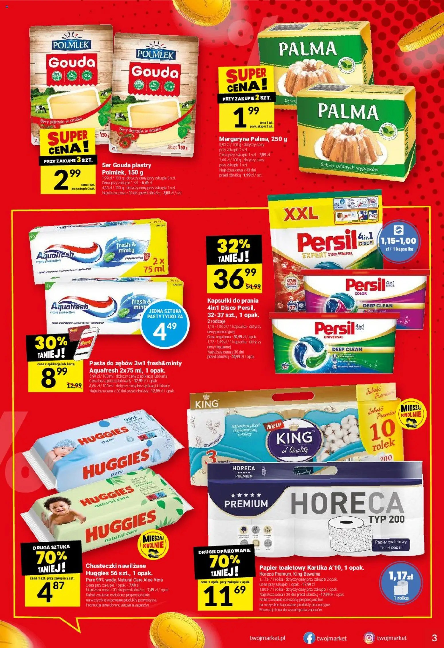 Twój Market gazetka od 15.04.2026 | Strona: 3 | Produkty: Papier toaletowy, Margaryna, Ser, Kapsułki do prania