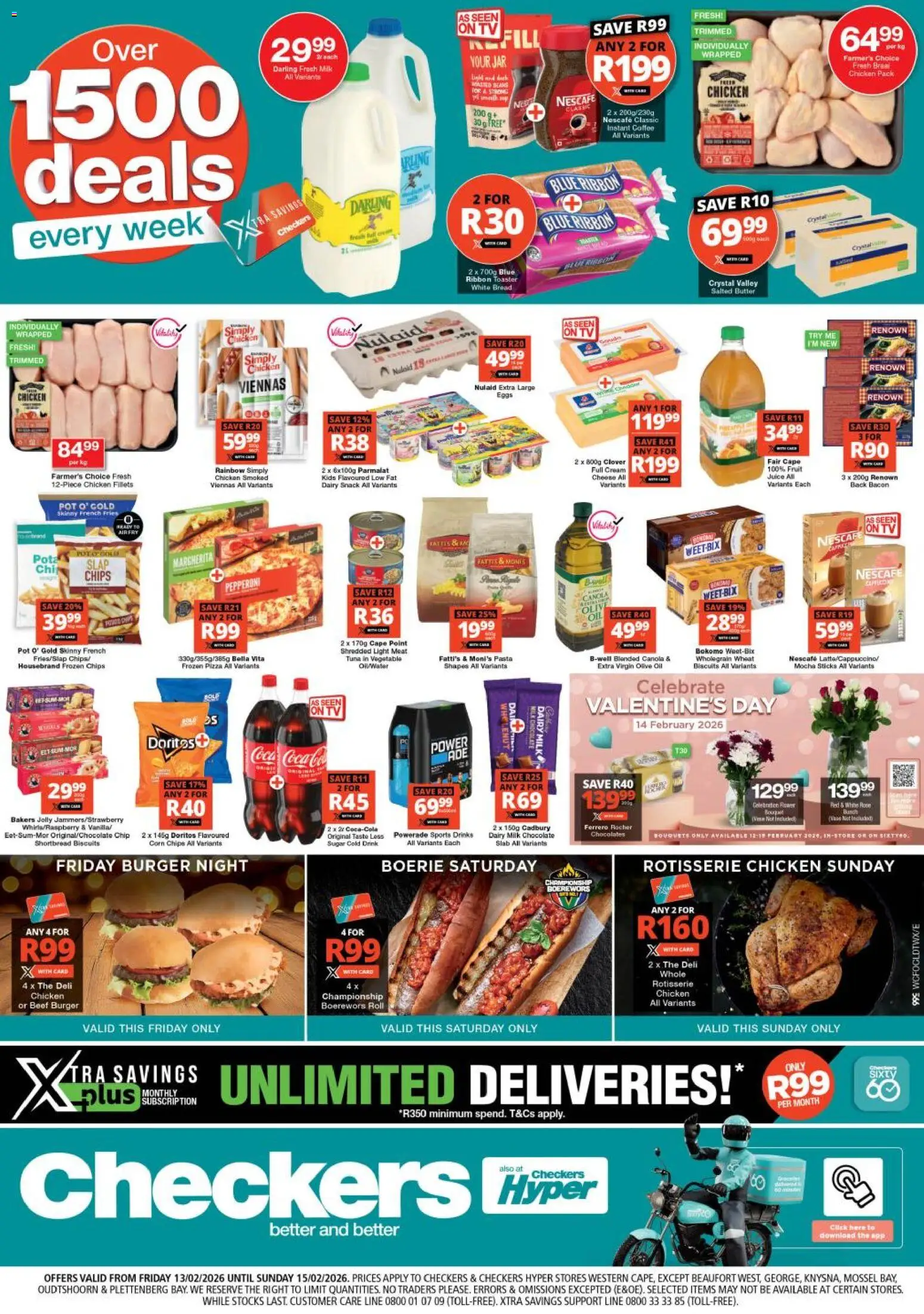 New Checkers catalogue – valid from 13.02.2026 | Page: 1 | Products: Boerewors, Pasta, Chips, Sugar