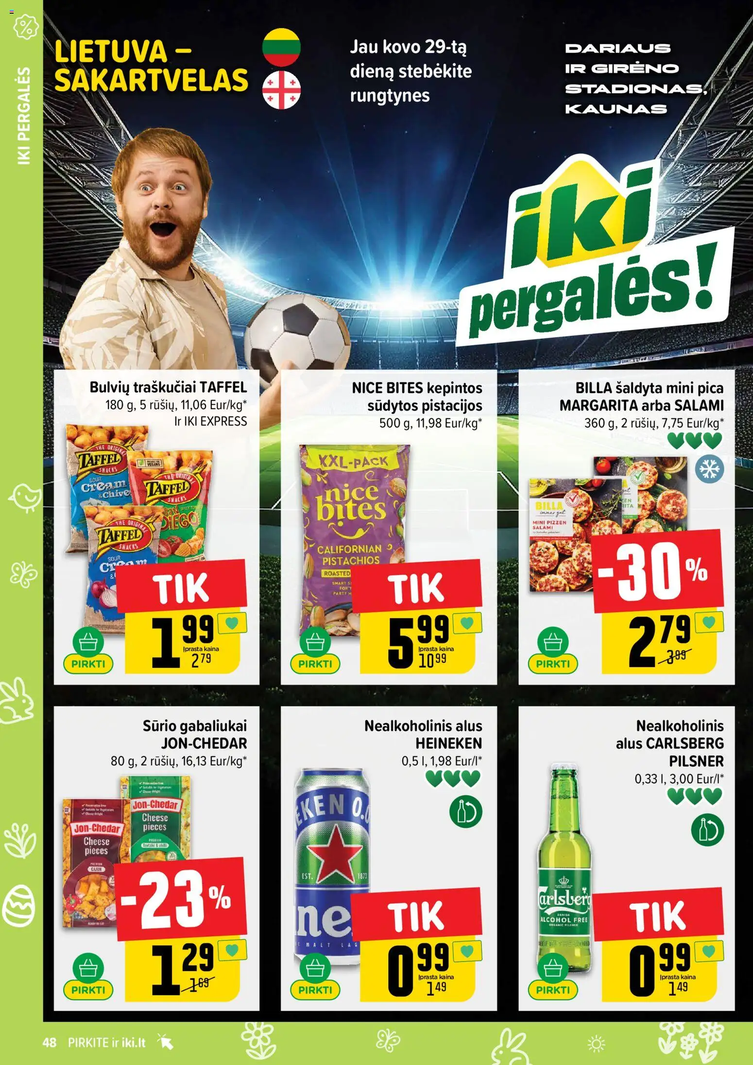 IKI akcijos nuo 23.03.2026 | Puslapis: 48 | Prekių: Nealkoholinis alus, Pica, Alus, Traškučiai