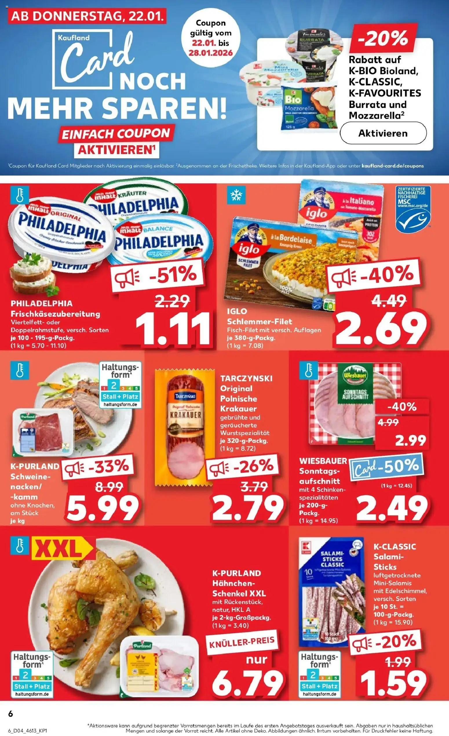 Kaufland prospekt München	 – gültig ab 22.01.2026 | Seite: 8 | Produkte: Hahnchen, Philadelphia, Iglo, Salami