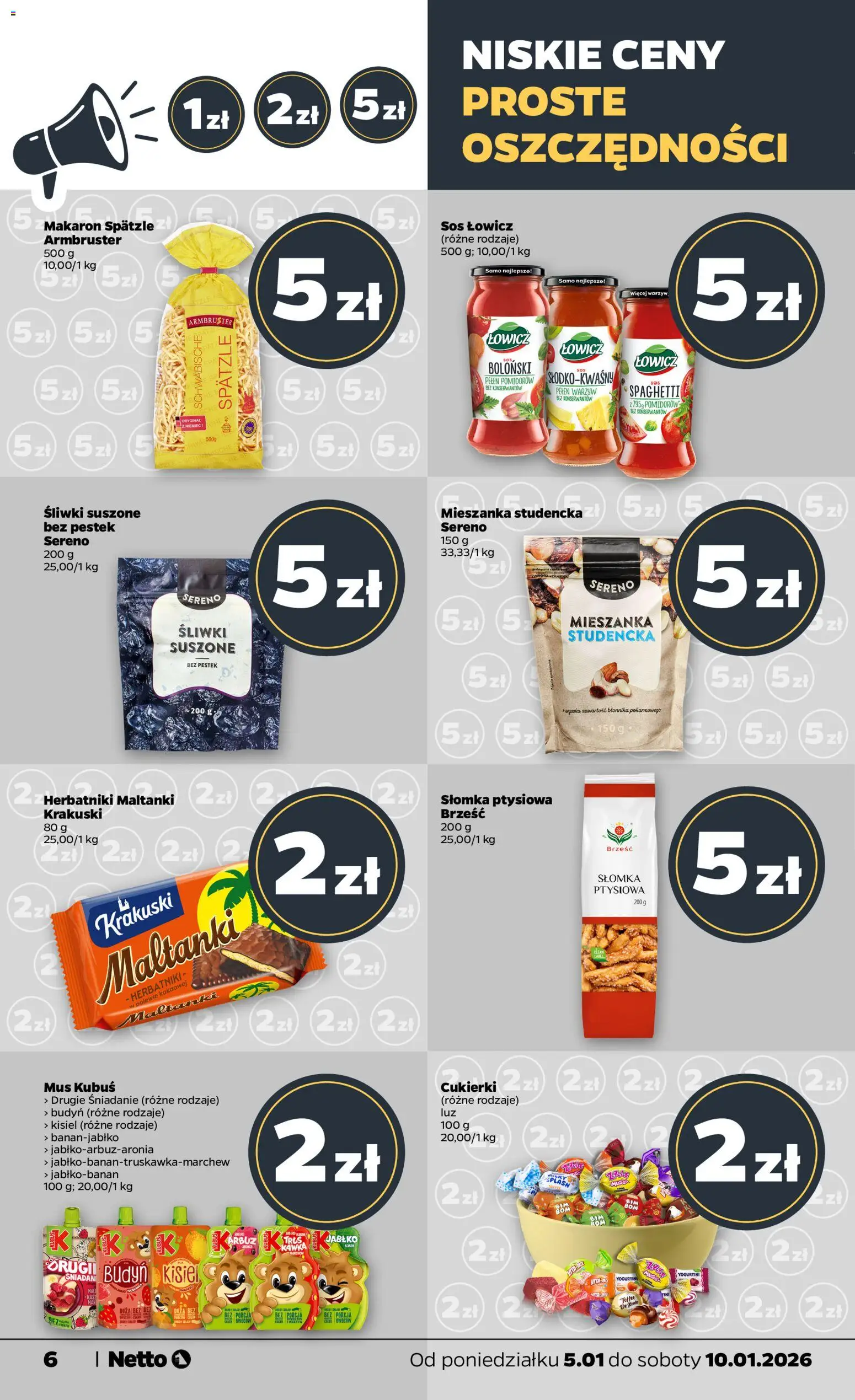 Netto gazetka - Spożywcza od 05.01.2026 | Strona: 6 | Produkty: Herbatniki, Cukierki, Makaron, Sos