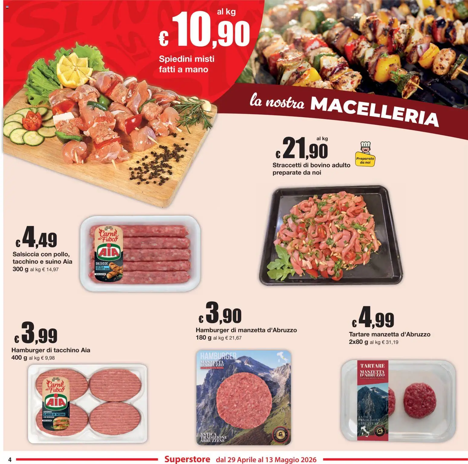 Volantino Sì con Te del 29.04.2026 | Pagina: 4 | Prodotti: Bovino, Salsiccia, Hamburger, Spiedini