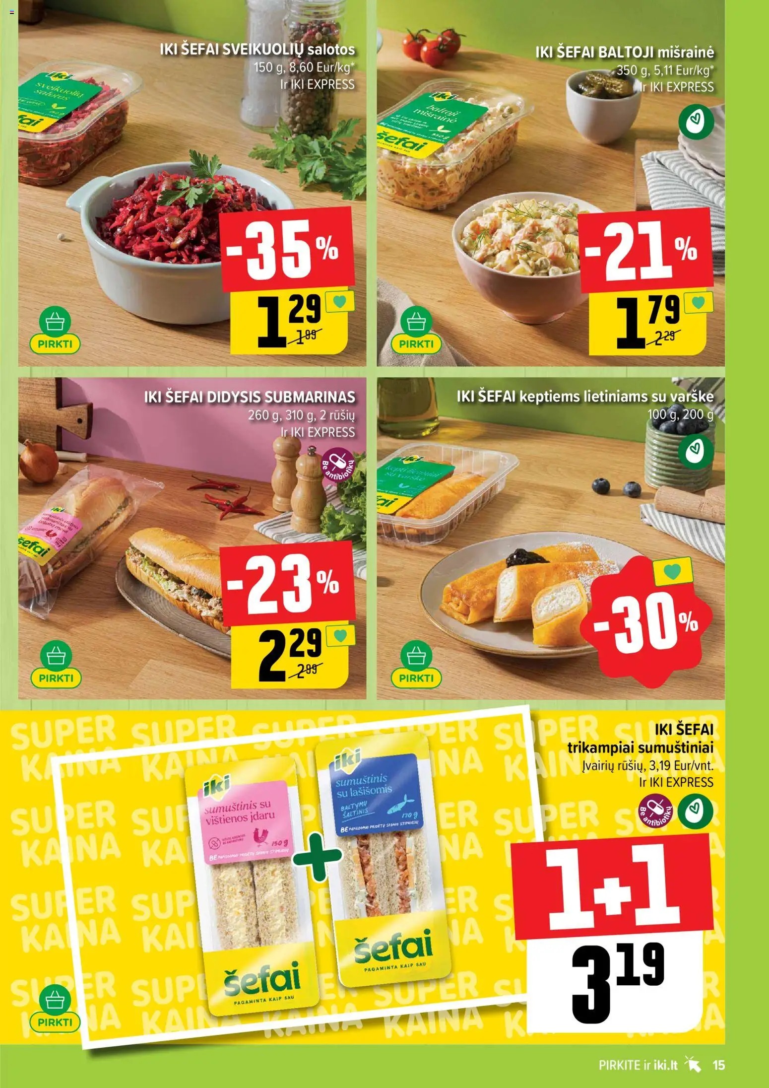 IKI akcijos nuo 20.04.2026 | Puslapis: 15 | Prekių: Salotos, Vištienos, Sumuštinis, Varškė