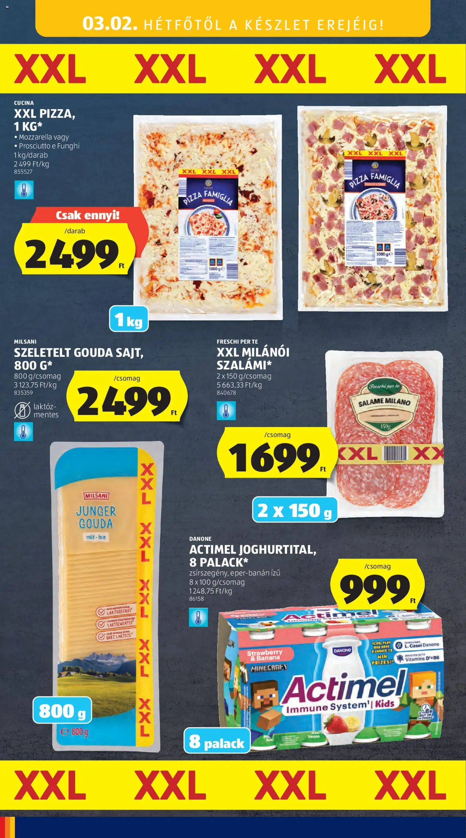 Aldi akciós ujság - amely érvényes a következő dátumtól: 26.02.2026 | Oldal: 42 | Termékek: Mozzarella, Actimel, Gouda, Pizza