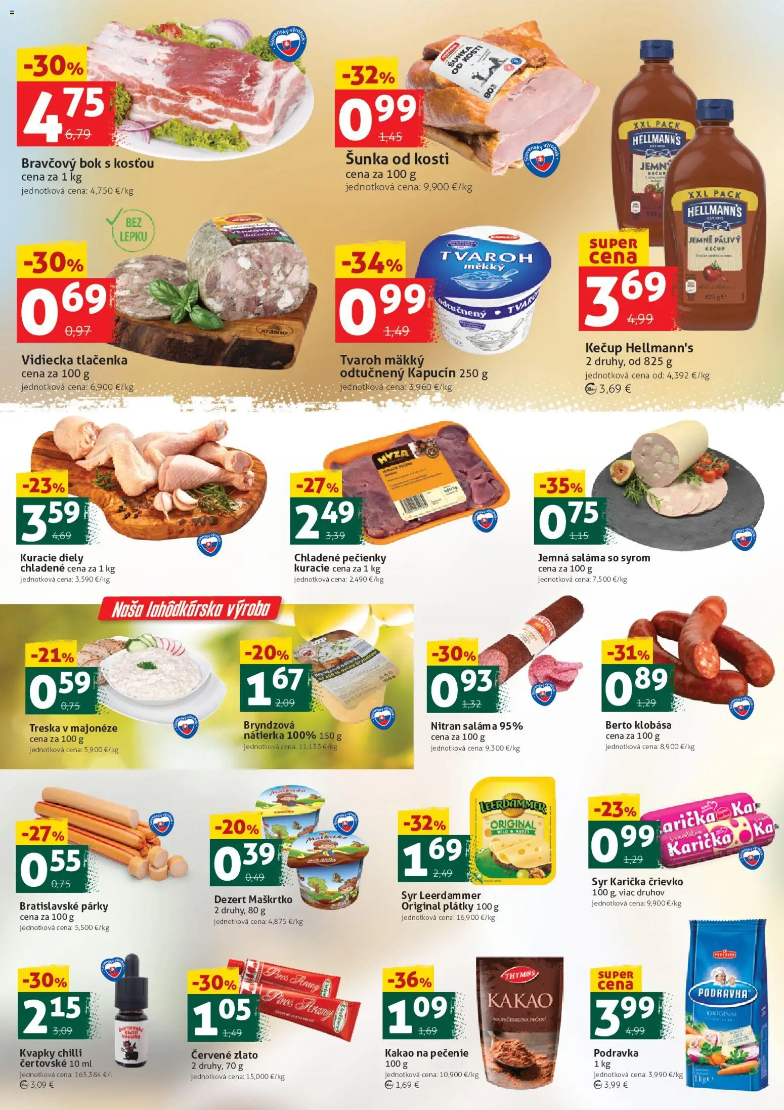 Nové COOP Jednota akcie – leták je platný od 09.01.2026 | Strana: 2 | Produkty: Syr, Saláma, Klobása, Kakao