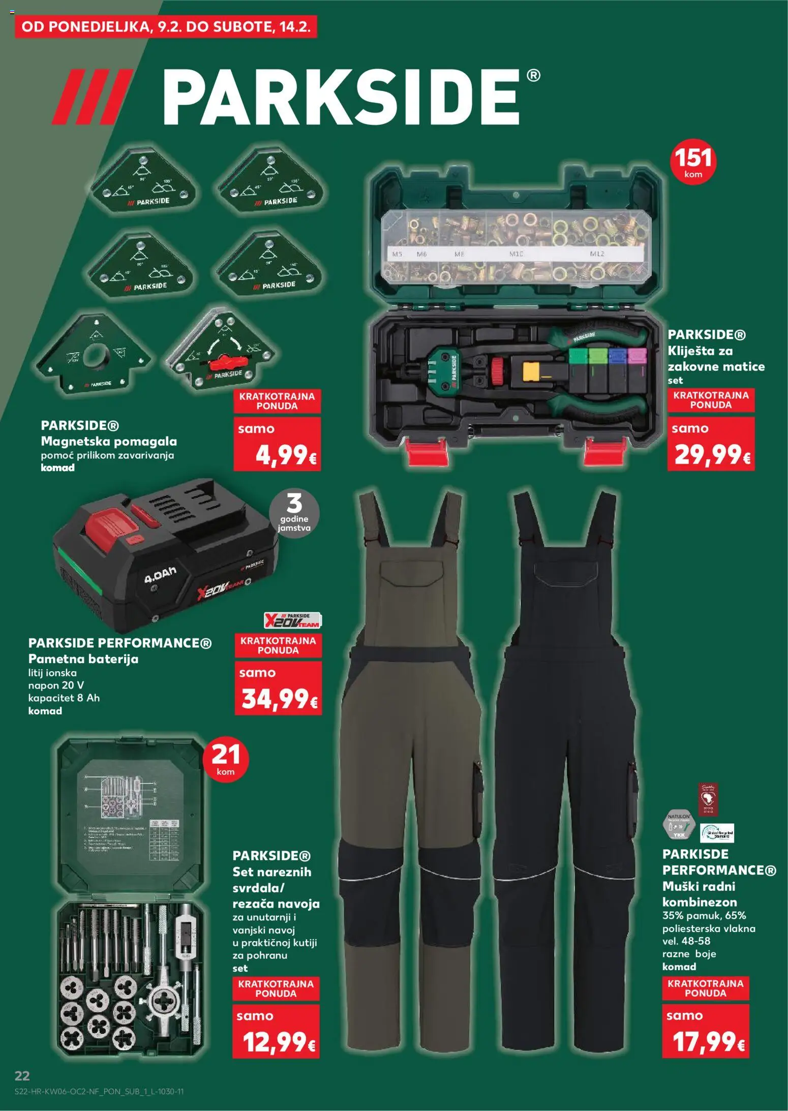 Kaufland katalog | vrijedi od 04.02.2026 | Stranica: 22 | Proizvodi: Baterija, Kombinezon, Kliješta, Parkside