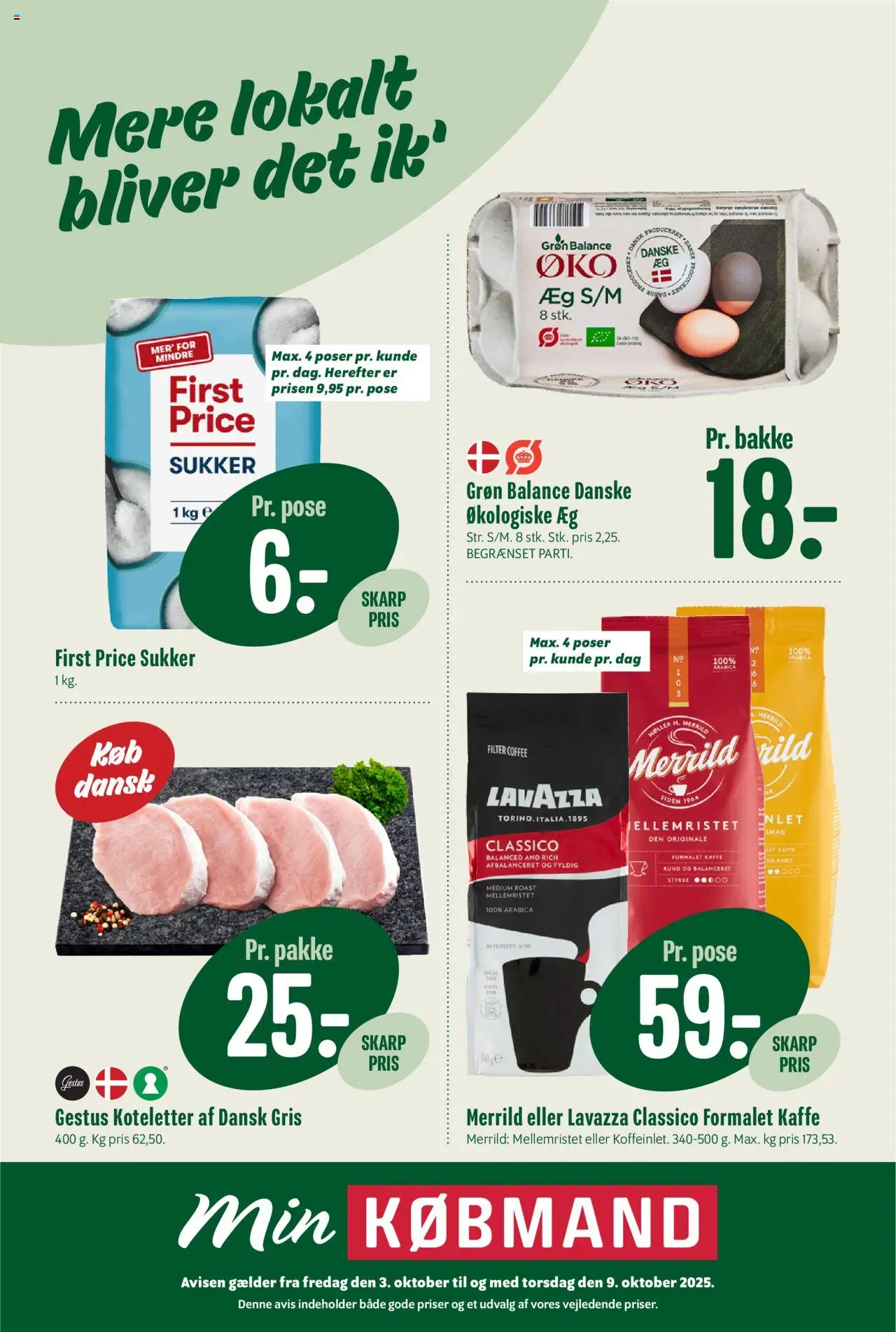 Min Købmand tilbudsavis – gyldig fra 03.10.2025 | Side: 1 | Produkter: Æg, Kaffe, Koteletter, Sukker
