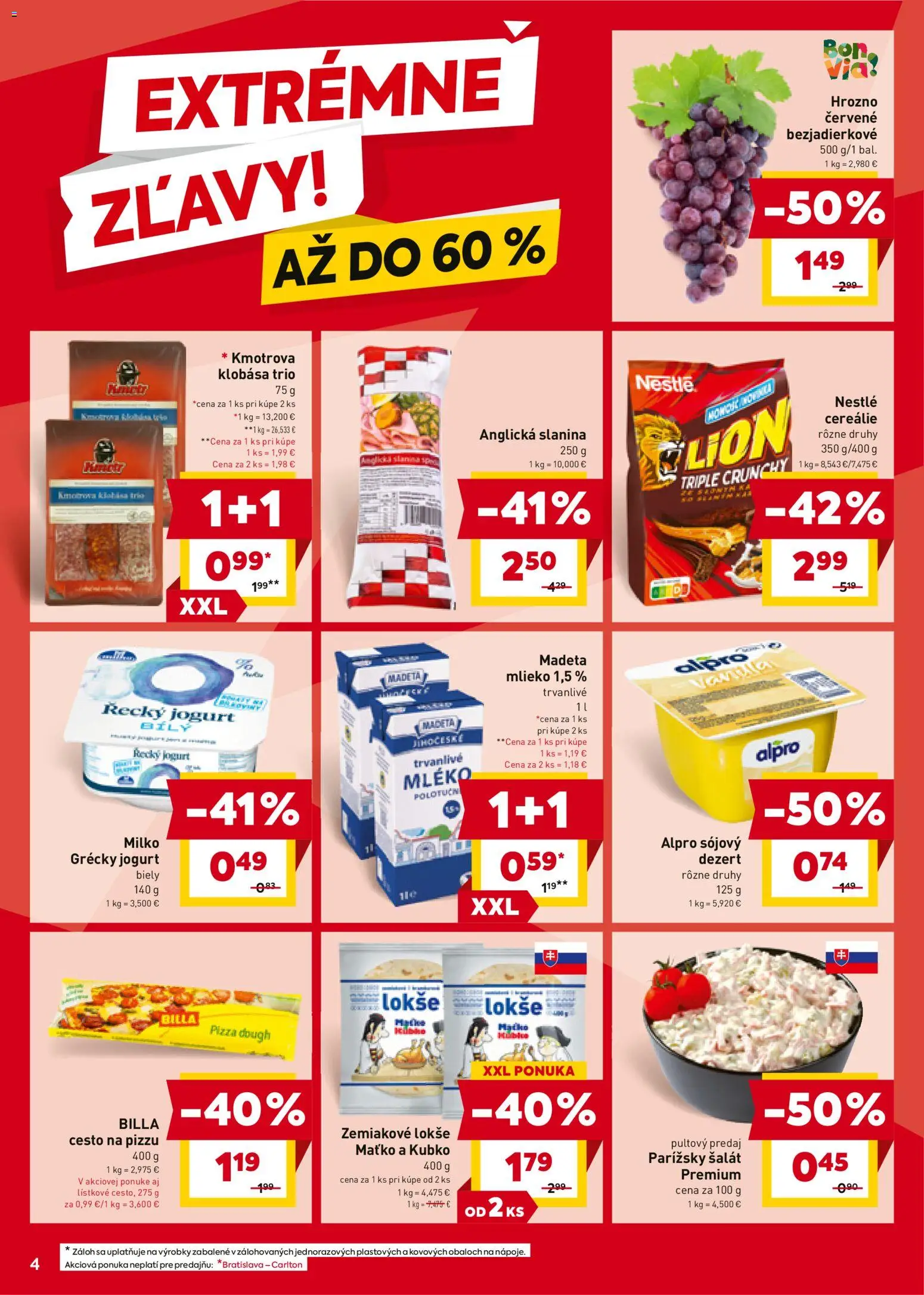 Nové Billa akcie – leták je platný od 29.10.2025 | Strana: 4 | Produkty: Klobása, Cereálie, Alpro, Hrozno