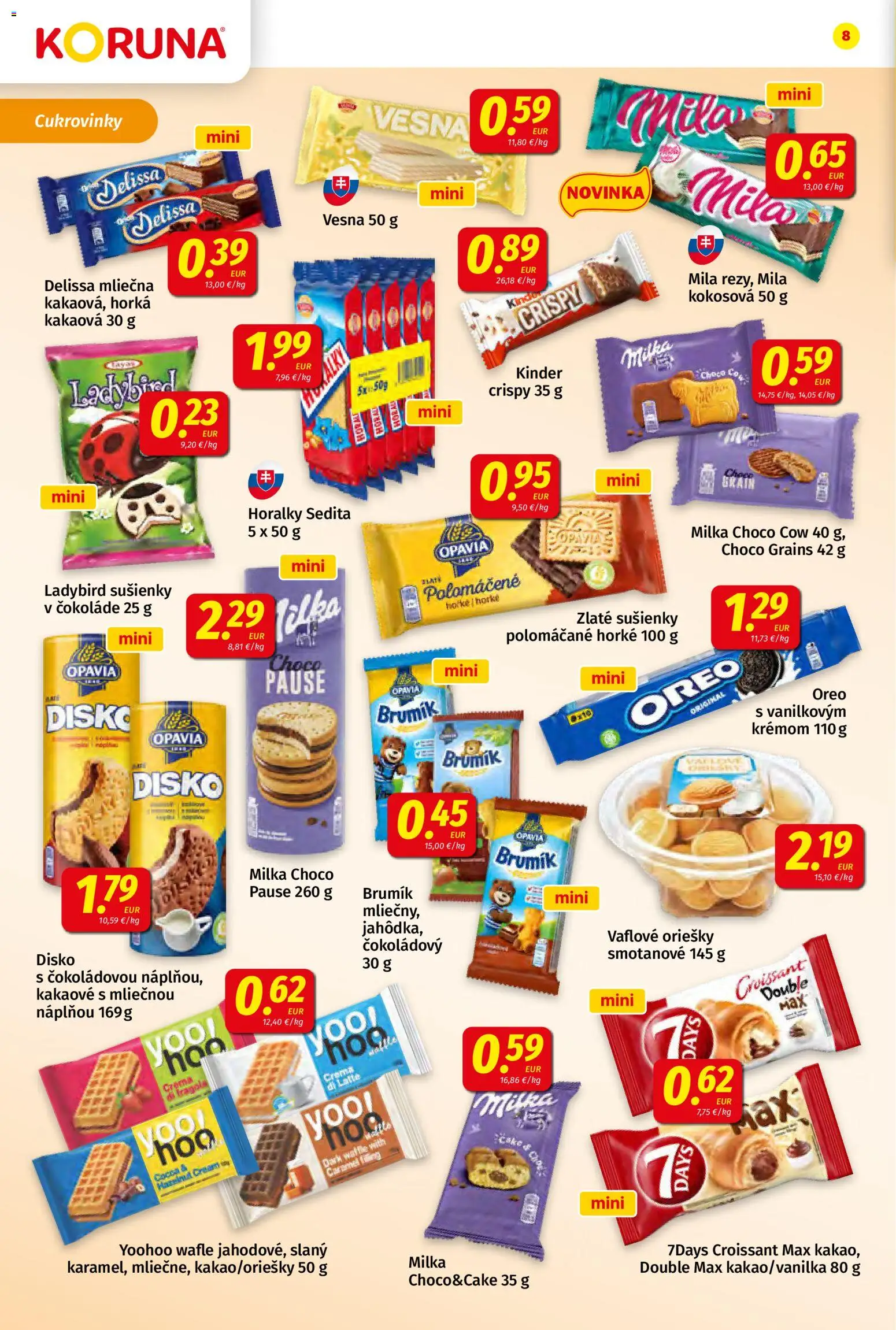 Nové Koruna akcie – leták je platný od 24.04.2026 | Strana: 8 | Produkty: Croissant, Kinder, Mila, Milka