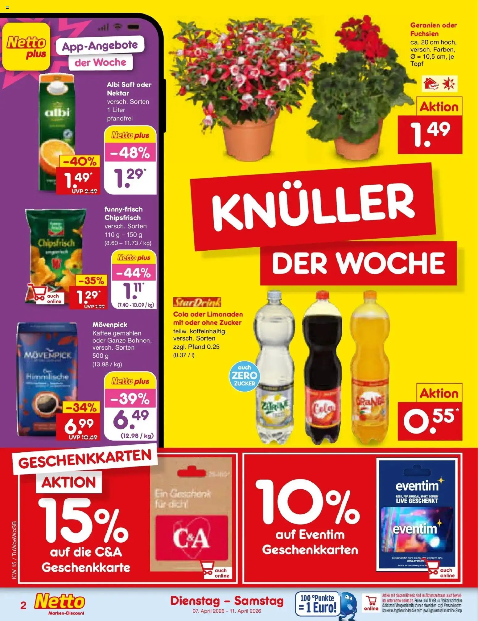 Netto Marken-Discount Prospekt Lahr-Langenwinkel	 – gültig ab 07.04.2026 | Seite: 2 | Produkte: Cola, Kaffee, Geranien, Saft