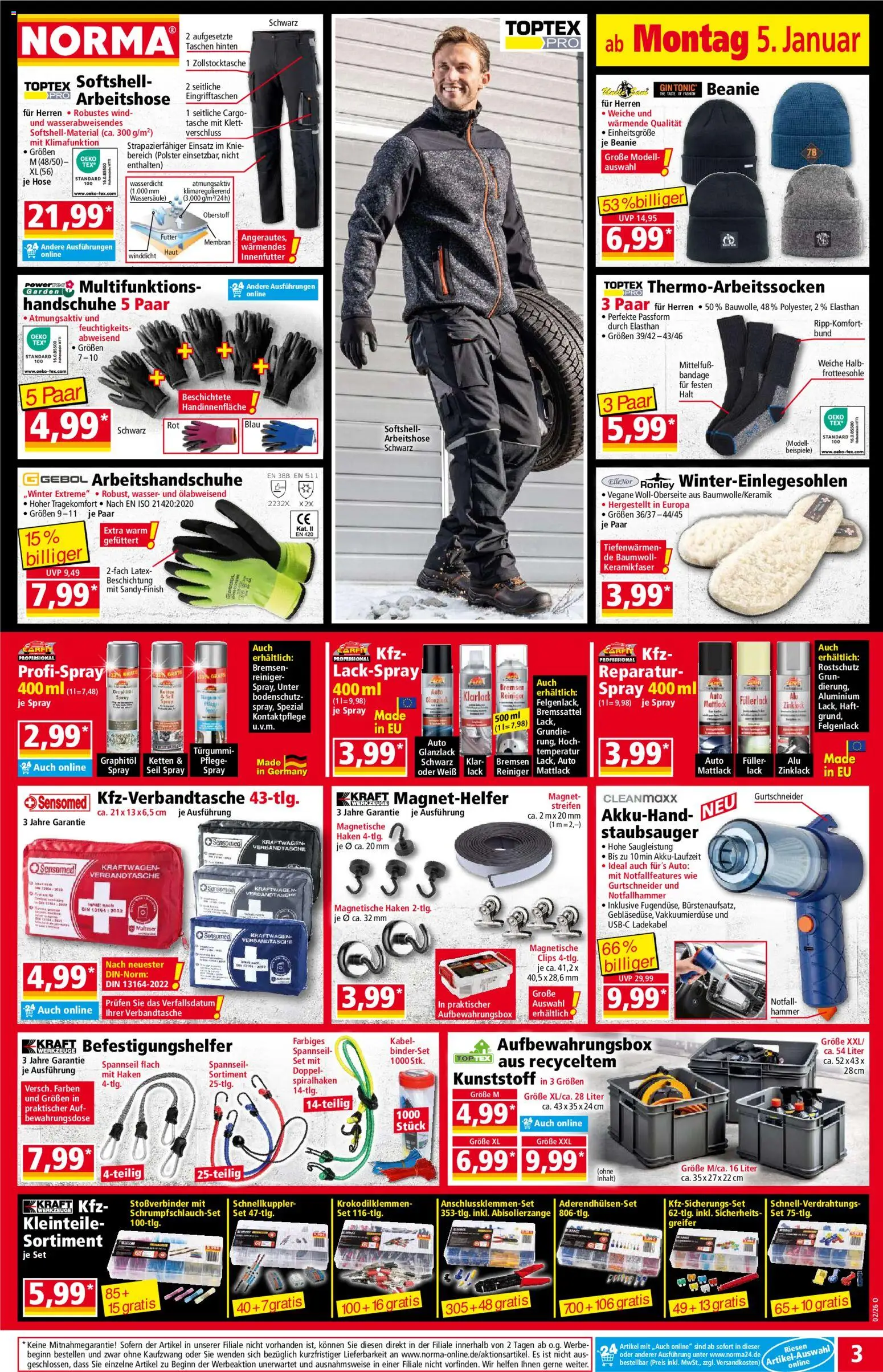 Norma Prospekt 	 – gültig ab 05.01.2026 | Seite: 3 | Produkte: Kabel, Tasche, Wasser, Handschuhe
