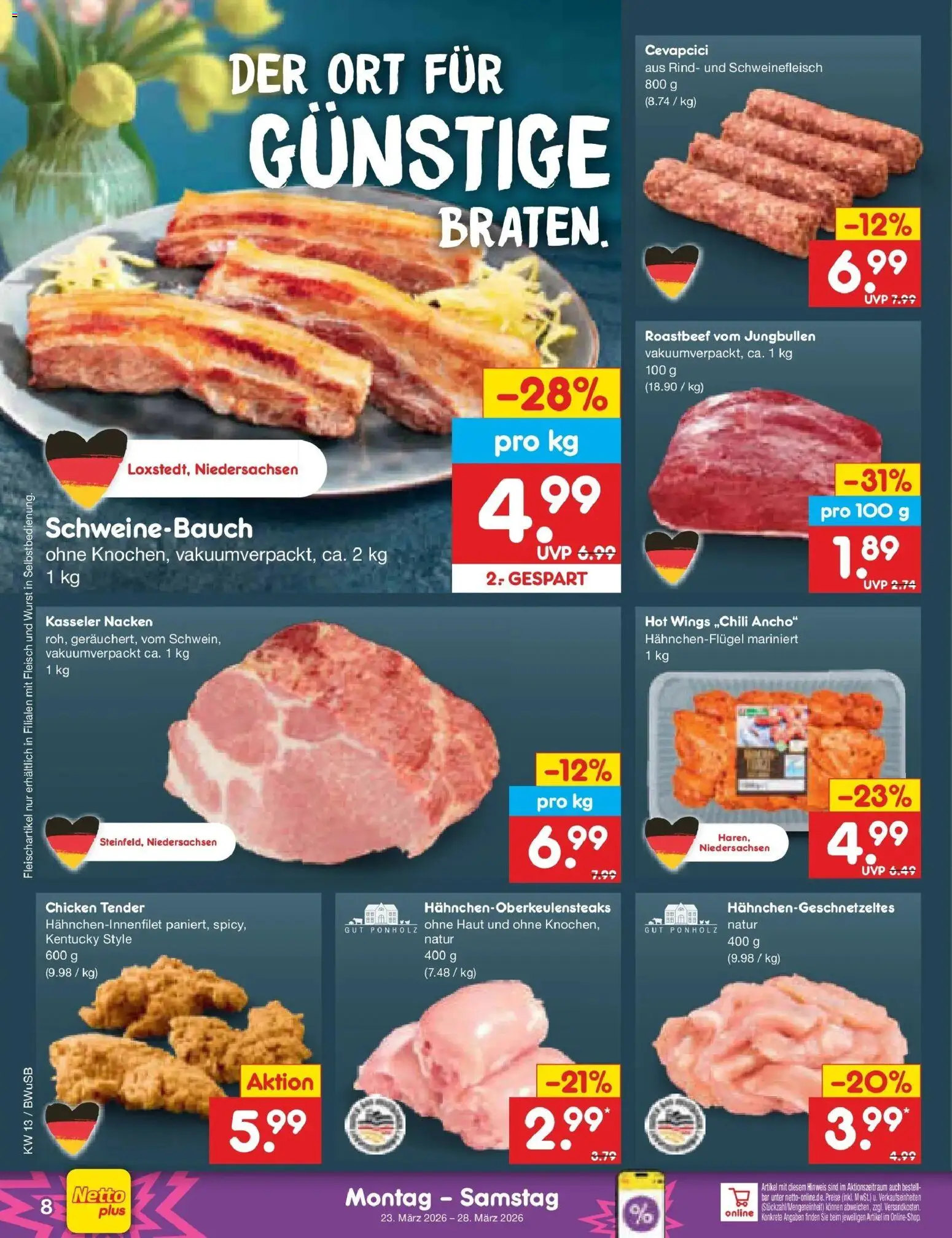 Netto Marken-Discount Prospekt Stemwede-Dielingen	 – gültig ab 23.03.2026 | Seite: 8 | Produkte: Cevapcici, Roastbeef, Kasseler nacken, Fleisch