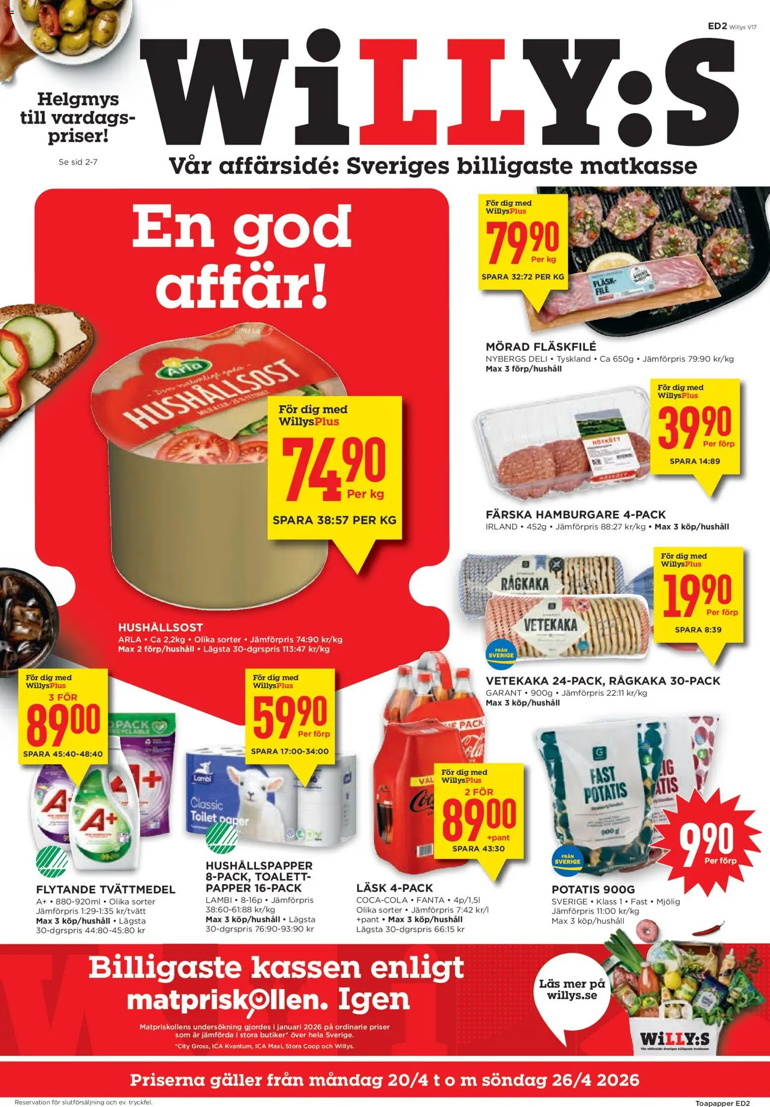 Willys reklamblad aktuell från 20.04.2026 | Sida: 1 | Produkter: Toalettpapper, Galler, Hushållsost, Papper