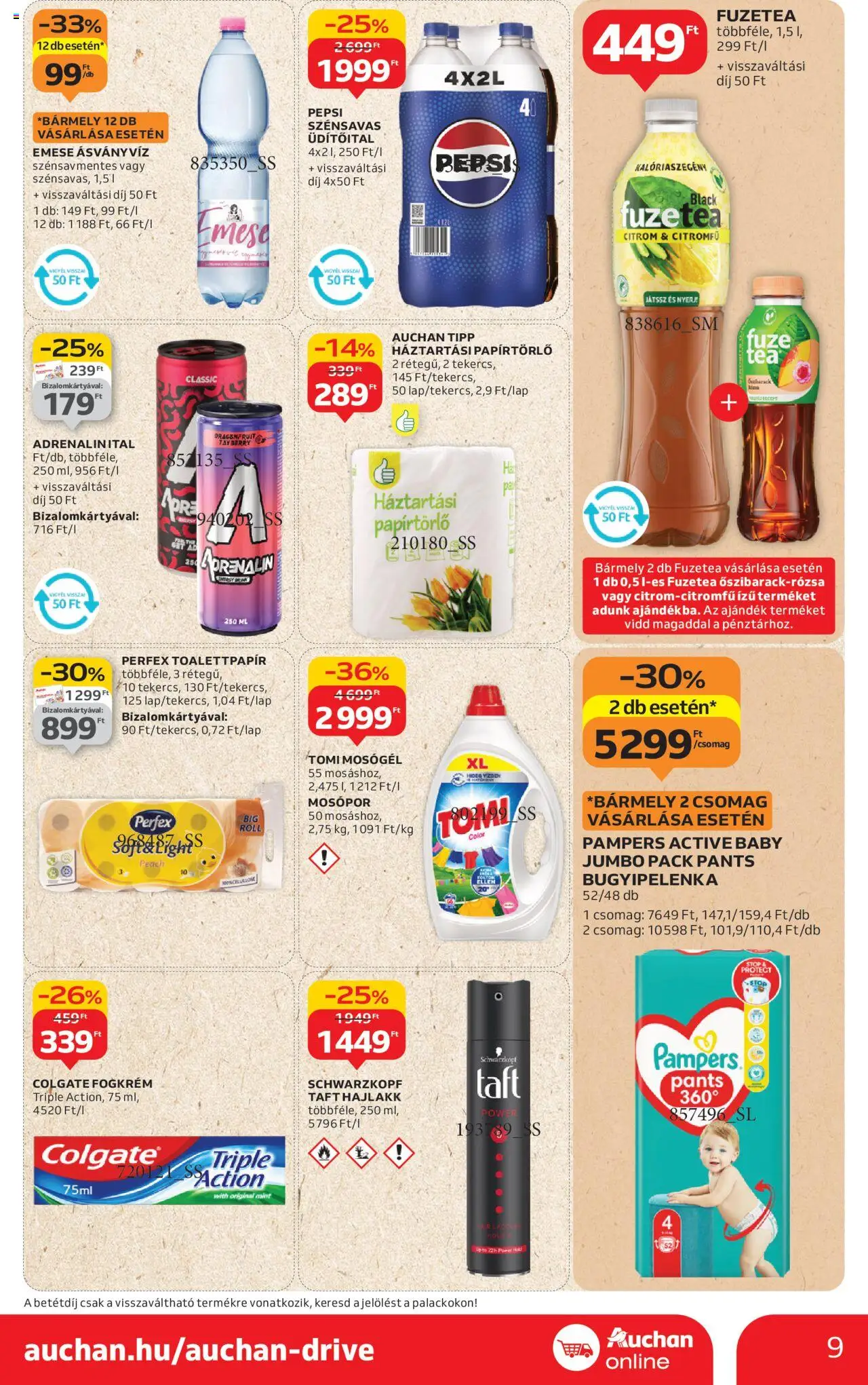 Auchan akciós ujság - amely érvényes a következő dátumtól: 21.08.2025 | Oldal: 9 | Termékek: Pampers, Pepsi, Ásványvíz, Fogkrém