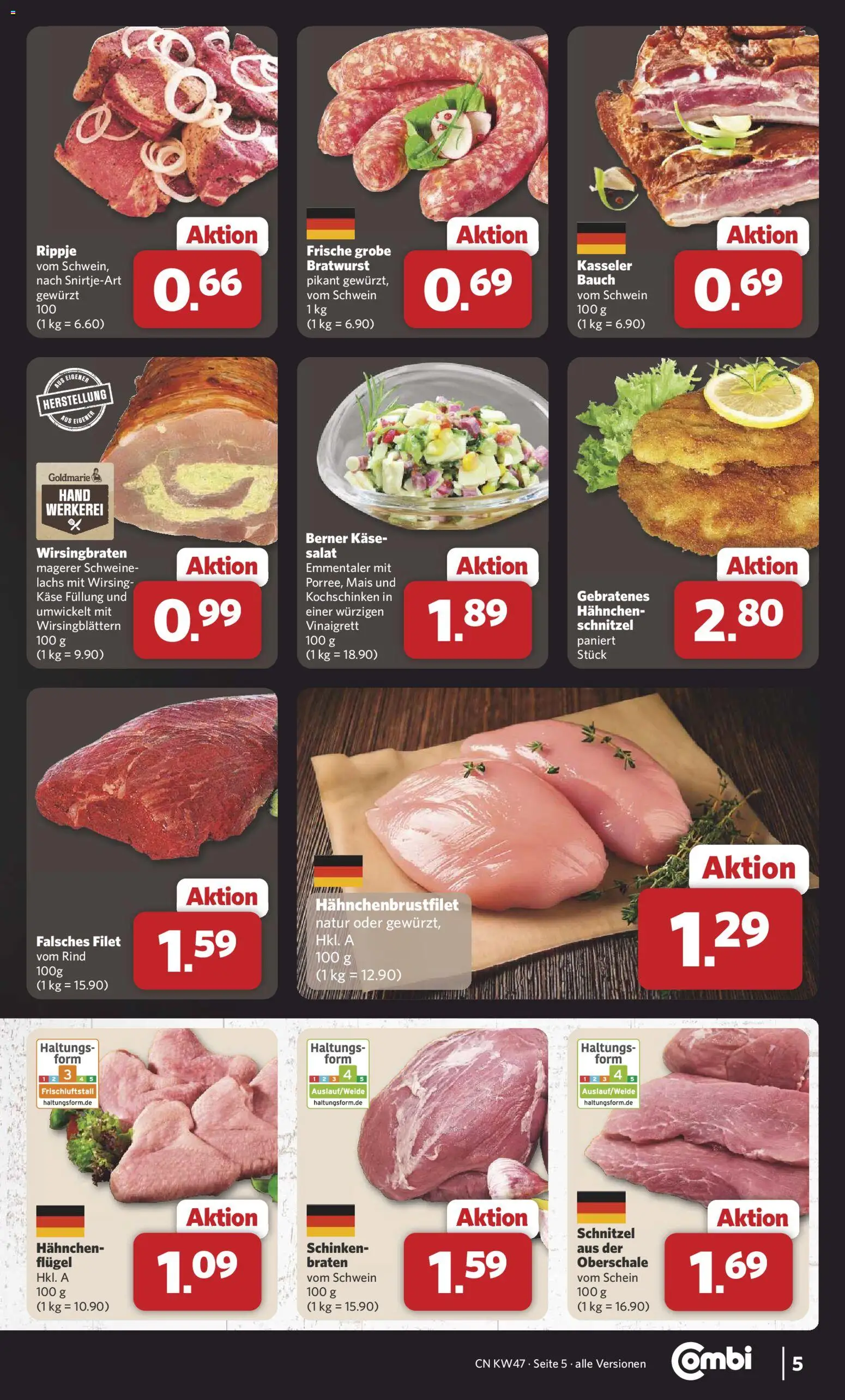 Combi Prospekt 	 – gültig ab 17.11.2025 | Seite: 5 | Produkte: Hahnchen, Bratwurst, Schnitzel, Lachs