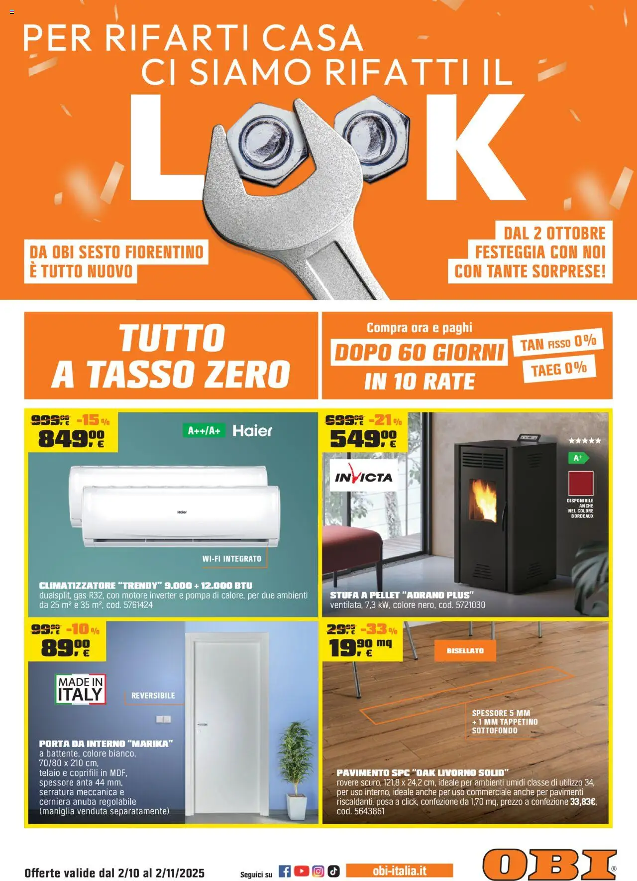 Volantino OBI del 02.10.2025 | Pagina: 1 | Prodotti: Climatizzatore, Stufa a pellet, Pavimento, Stufa