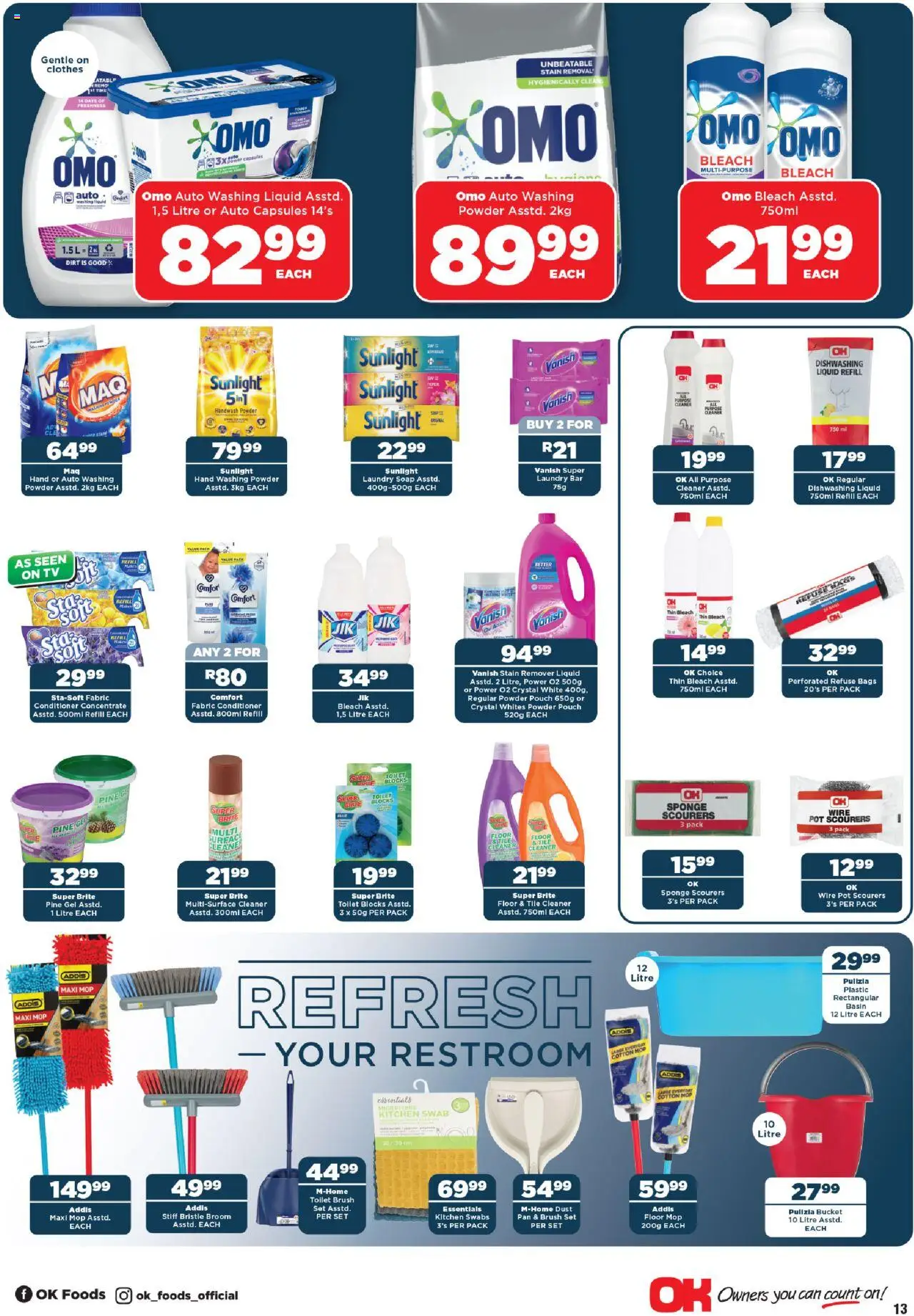 New OK Foods catalogue – valid from 24.09.2025 | Page: 13 | Products: Bleach, Broom, Mop, Soap