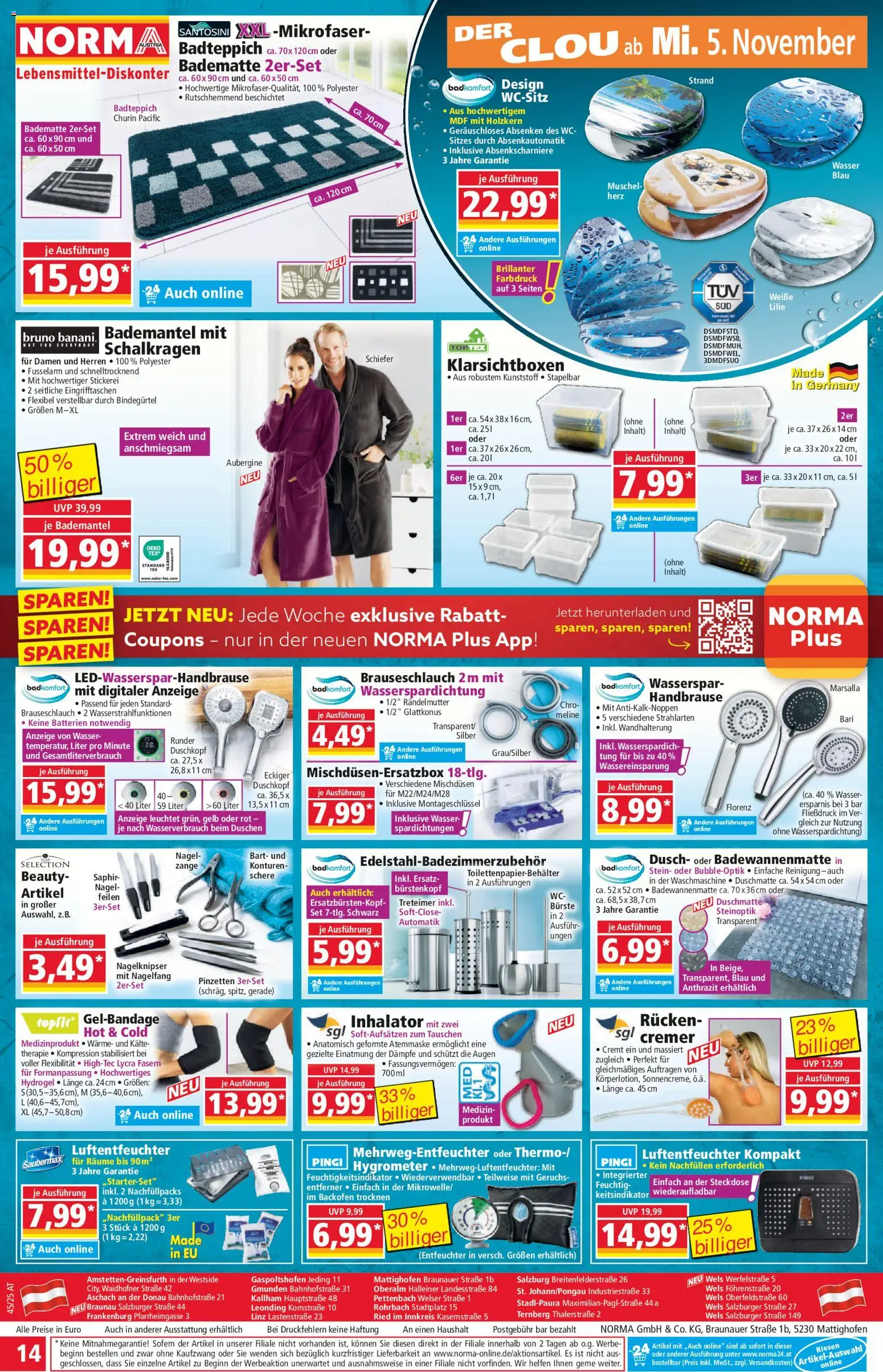 Norma Flugblatt gültig ab 03.11.2025 | Seite: 15 | Produkte: Bademantel, Aubergine, Steckdose, Bürste